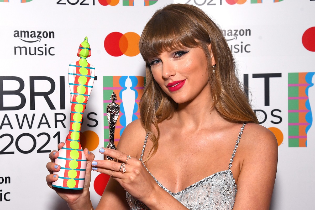 Taylor Swift with the Global Icon award during The BRIT Awards on May 11, 2021, in London, England.