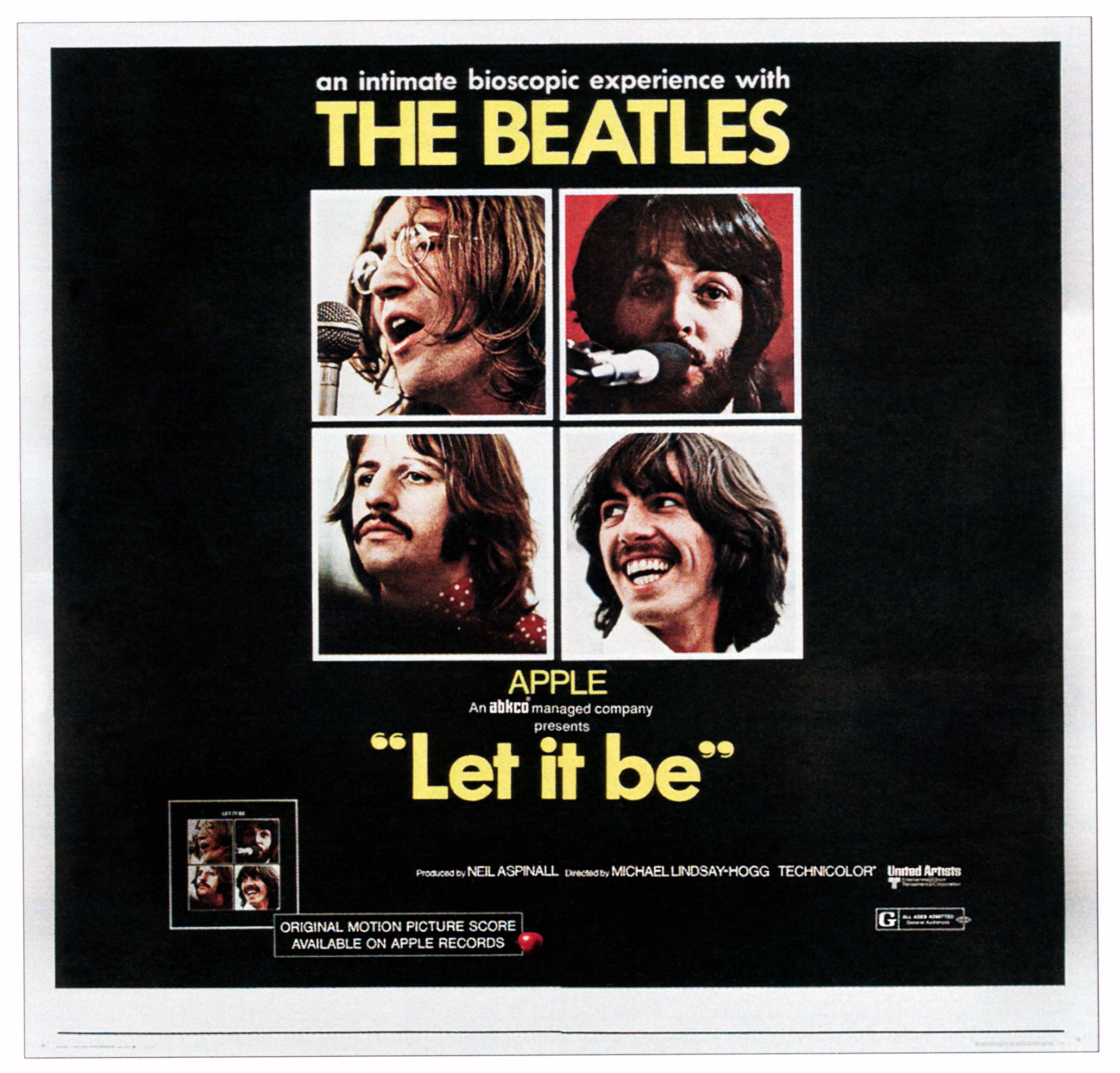 The Beatles' John Lennon, Paul McCartney, George Harrison, and Ringo Starr on a poster for the film 'Let It Be' with a black background

