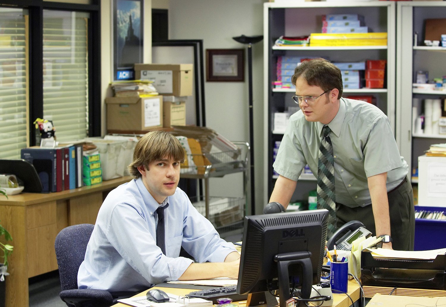 The Office stars in character, John Krasinski as Jim Halpert, Rainn Wilson as Dwight Schrute