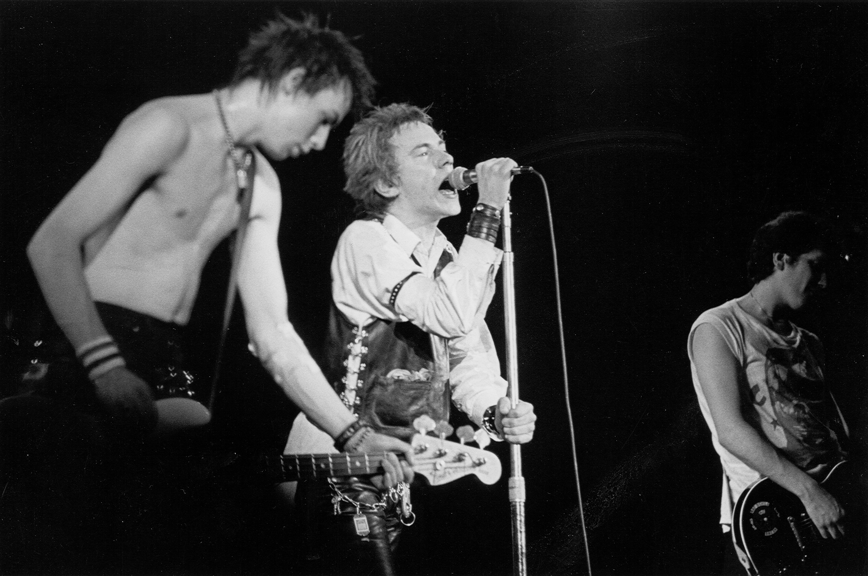 Members of the Sex Pistols in black-and-white