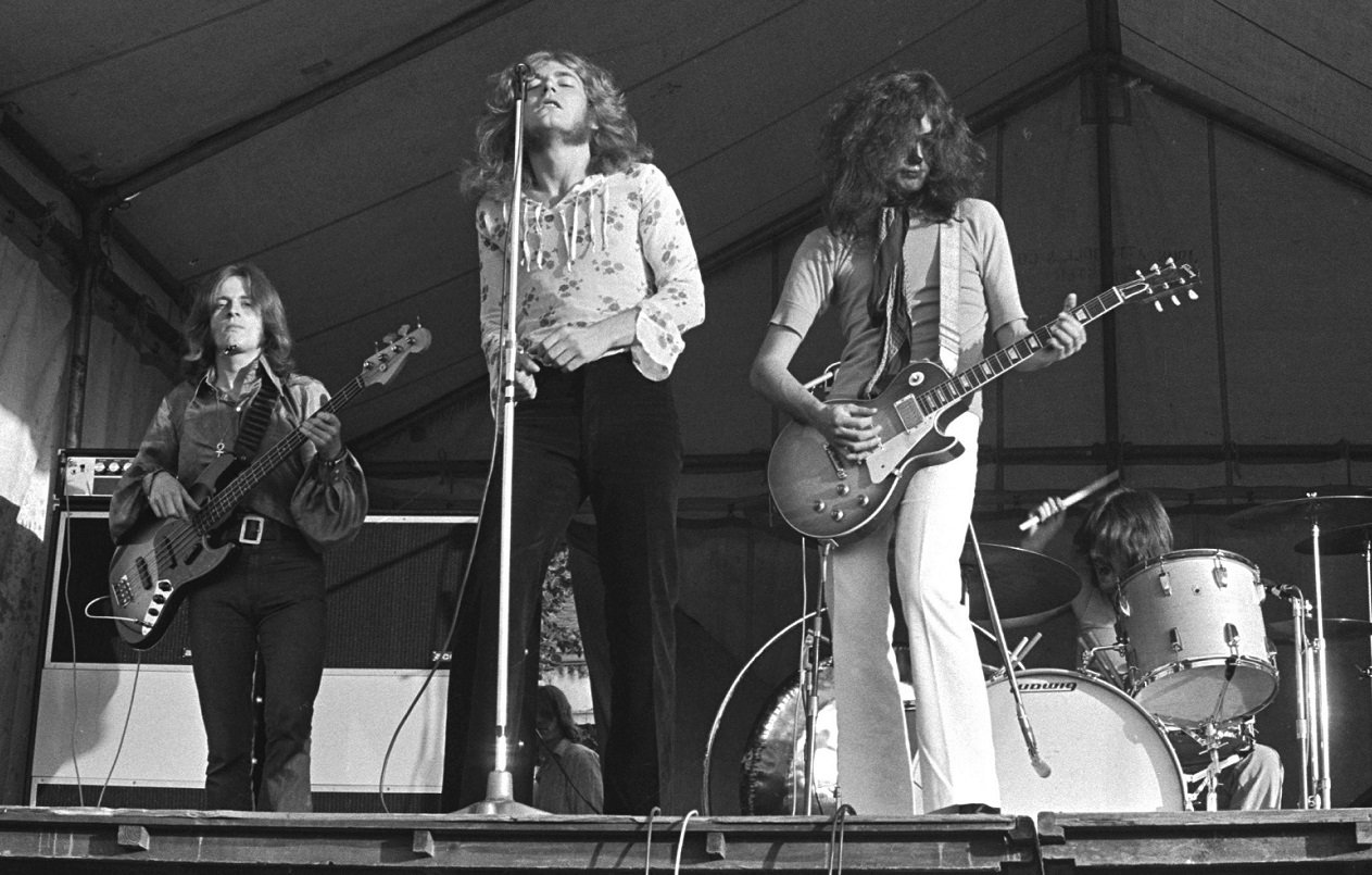 John Paul Jones, Robert Plant, Jimmy Page, and John Bonham of Led Zeppelin perform at the Bath Festival, 1969.