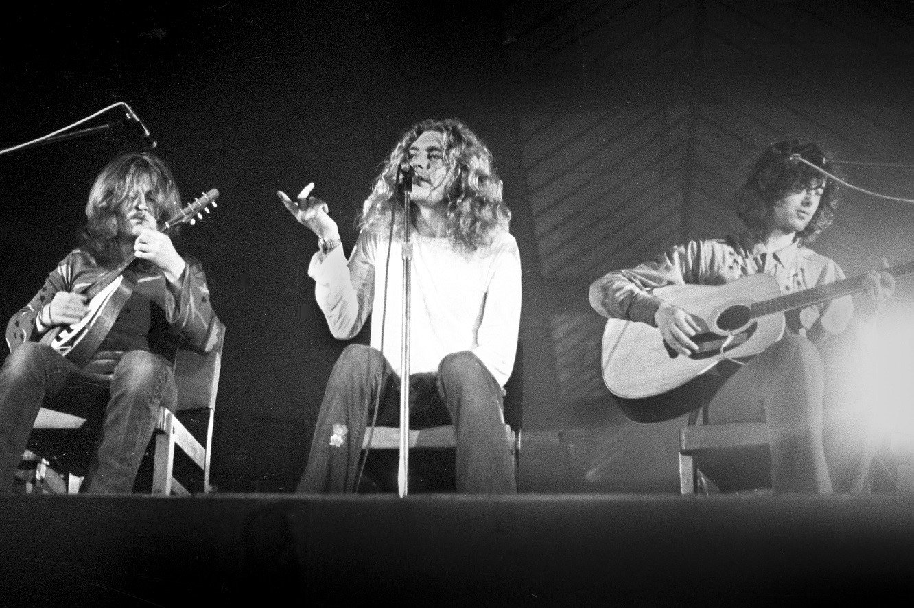 John Paul Jones, Robert Plant and Jimmy Page of Led Zeppelin perform on stage at Oude Rai on 27 May 1972 in Amsterdam.