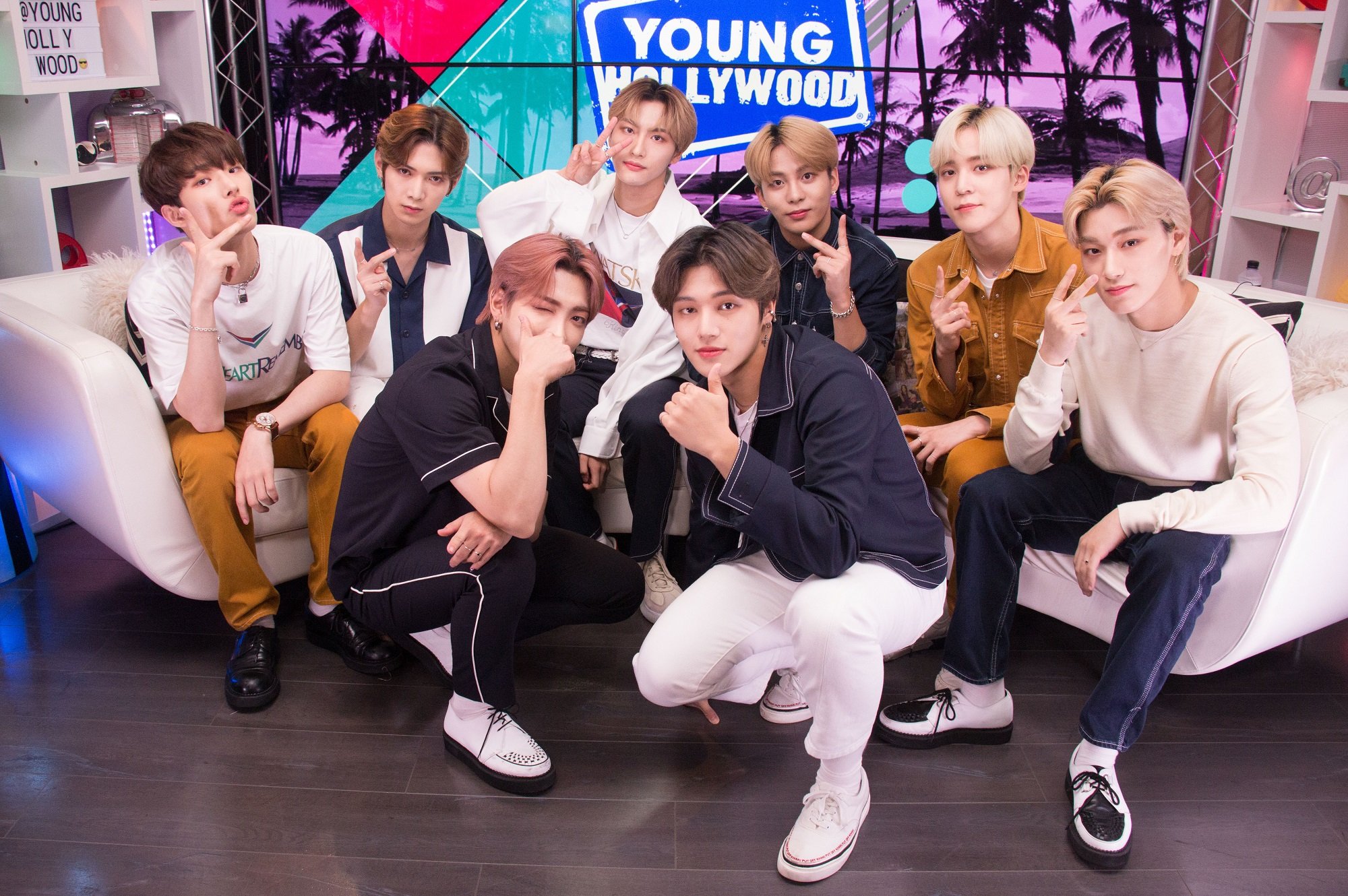 The members of ATEEZ pose at the at the Young Hollywood Studio in 2019