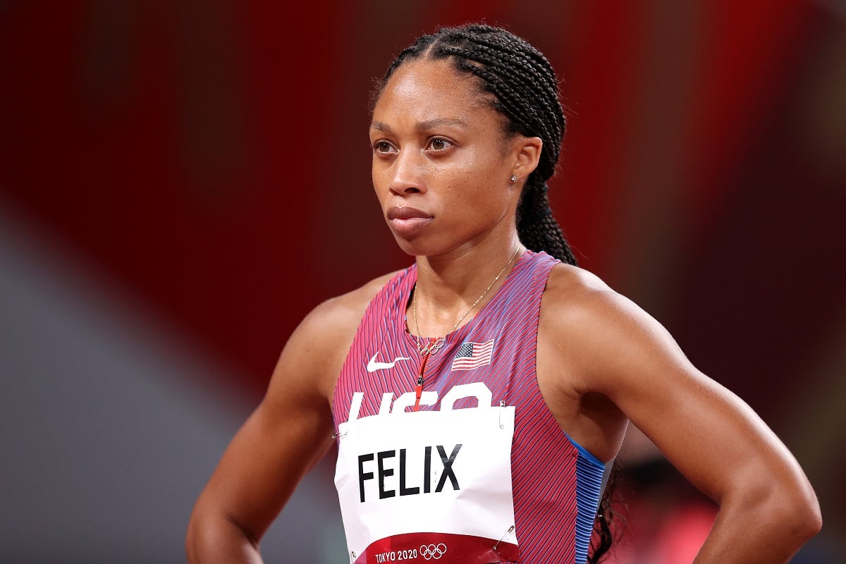 Allyson Felix reacts after competing in the Women's 400m Semi-Final