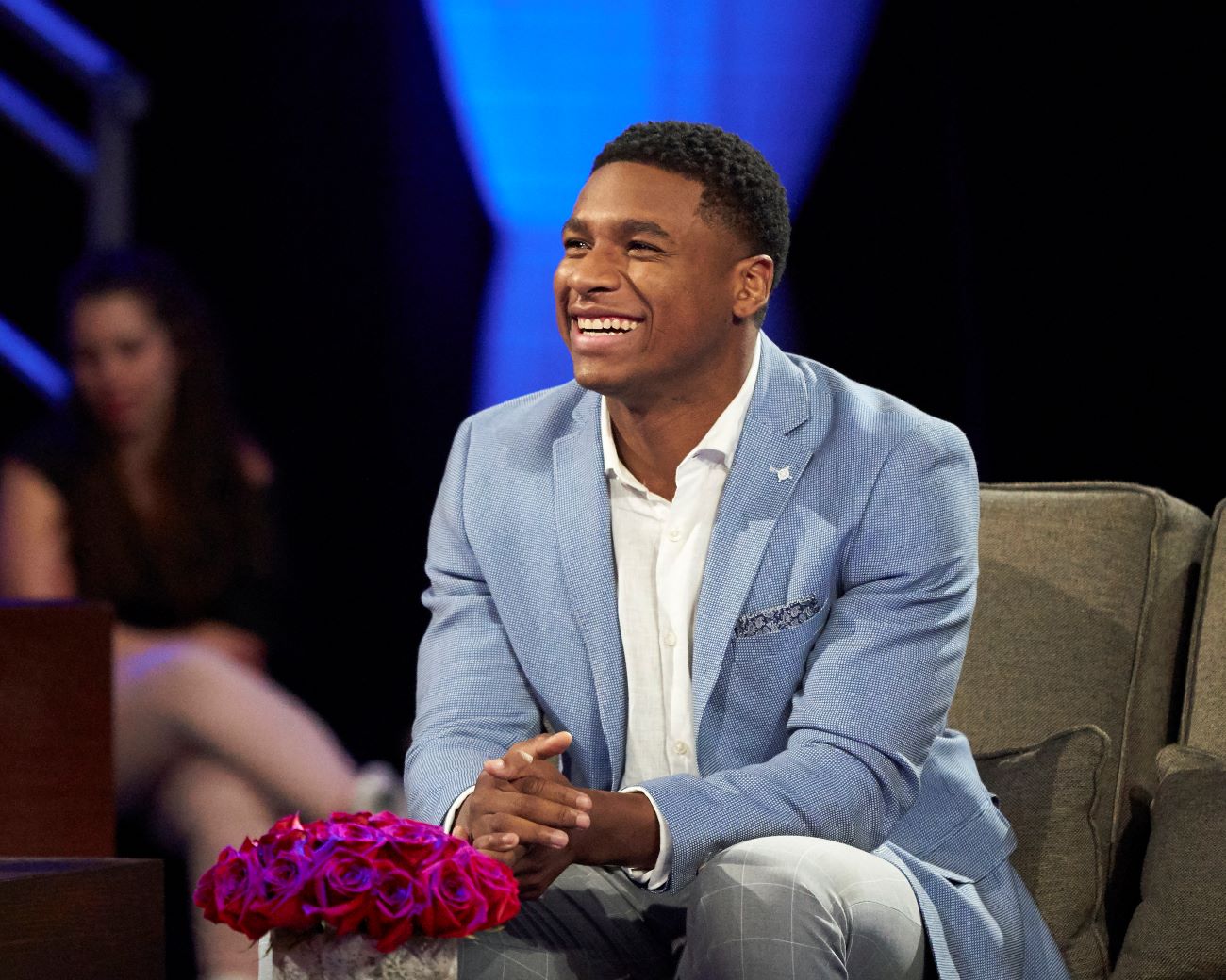 Andrew Spencer on 'The Bachelorette' in a light blue suit with white undershirt
