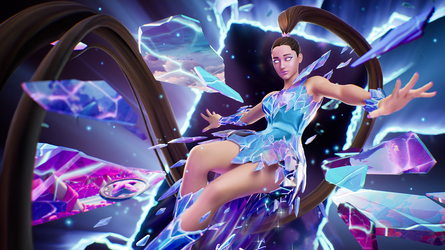 Ariana Grande character wearing a blue and purple dress in 'Fortnite'