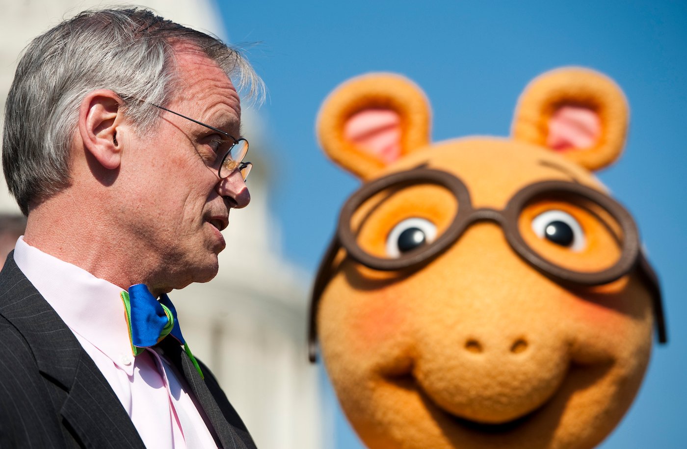 Rep. Earl Blumenauer (D-Ore) and Arthur, the aardvark from PBS Kids, participate in a news conference to announce efforts to oppose defunding of the Corporation for Public Broadcasting in 2011
