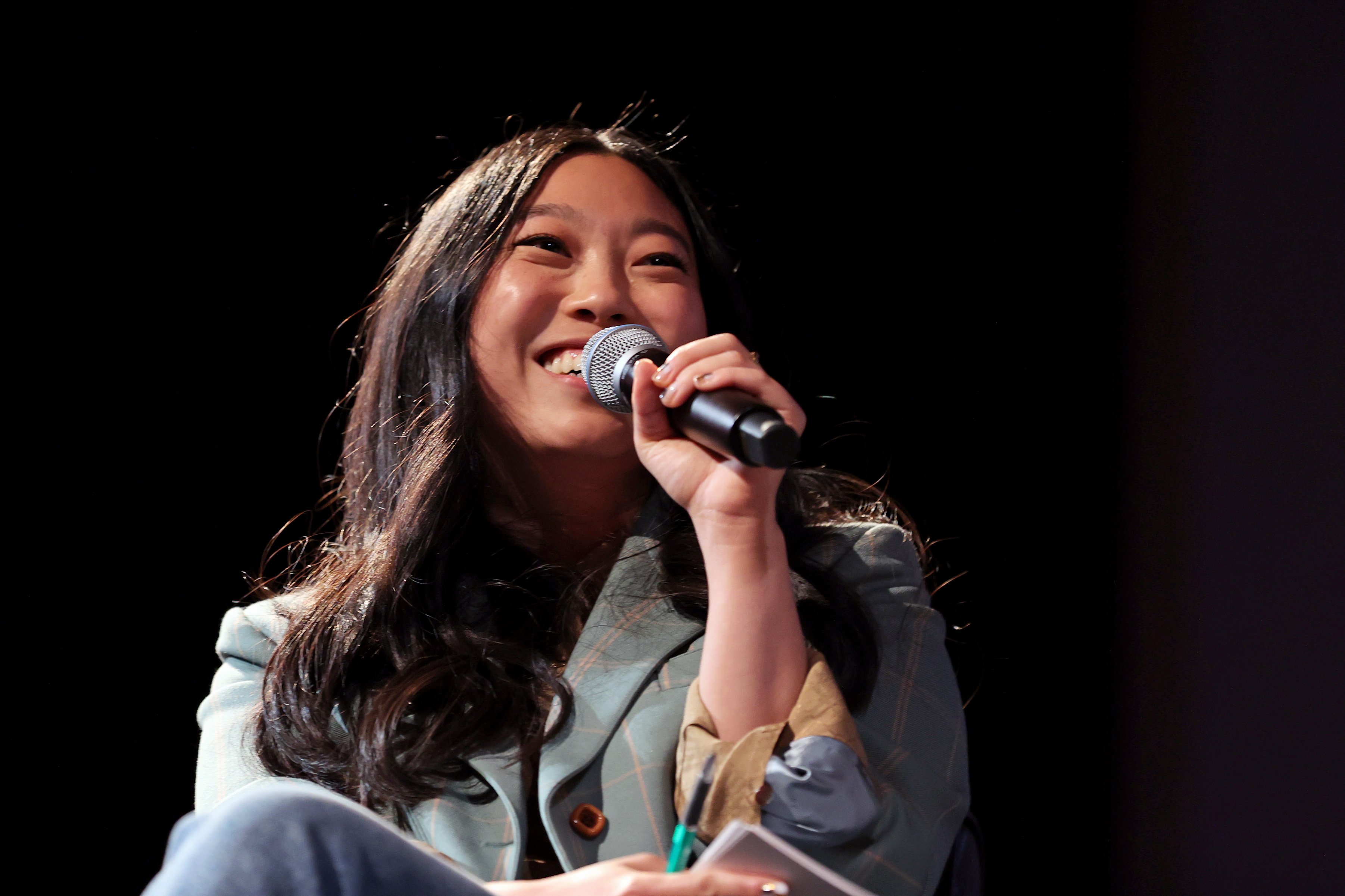 LOS ANGELES, CALIFORNIA - AUGUST 23: Awkwafina speaks onstage at the Los Angeles VIP Gold Open Premiere + Q&A of Marvel Studios' SHANG-CHI AND THE LEGEND OF THE TEN RINGS at El Capitan Theatre on August 23, 2021 in Los Angeles, California.