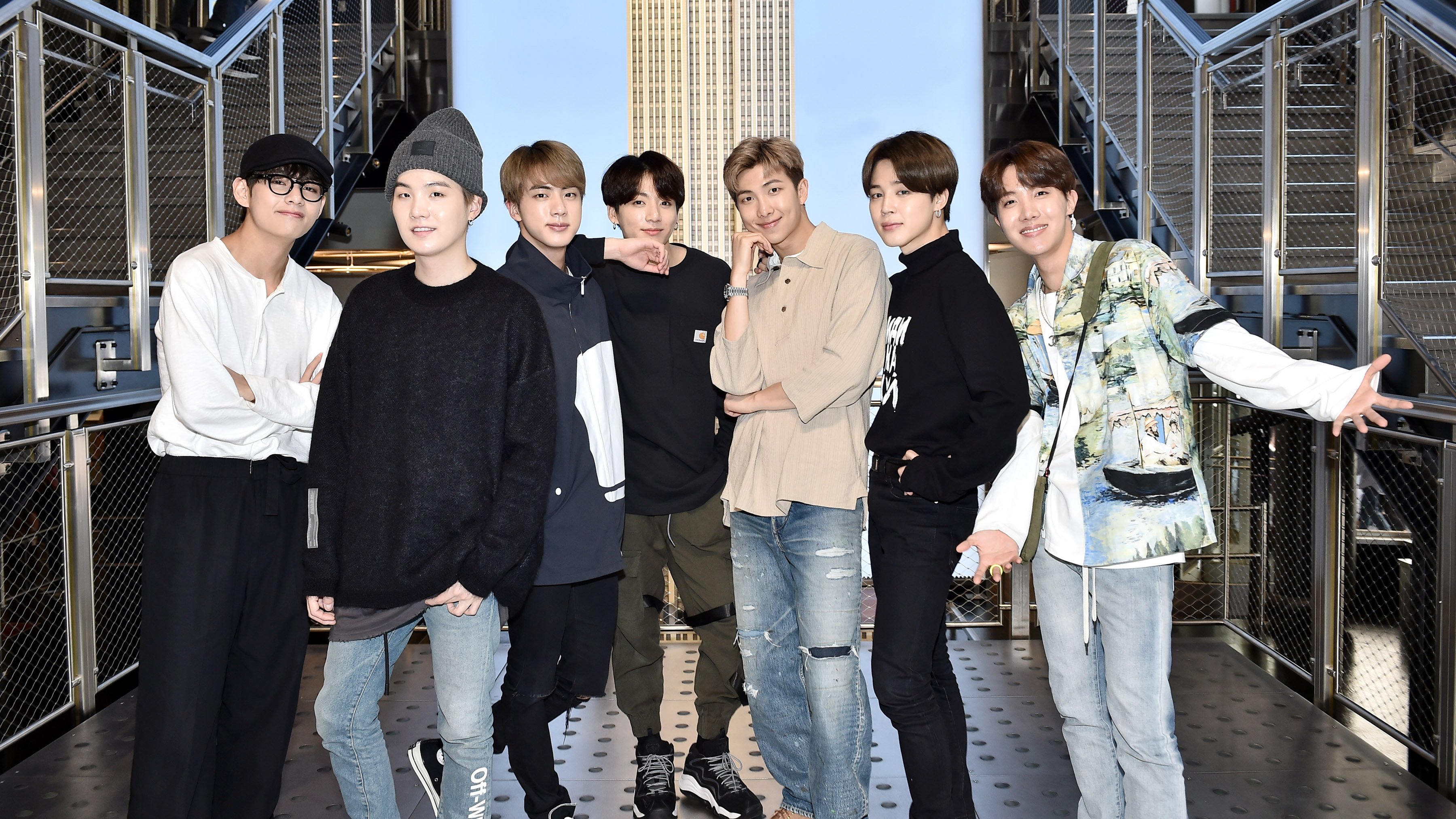 V, Suga, Jin, Jungkook, RM, Jimin, and J-Hope of the K-Pop Group BTS