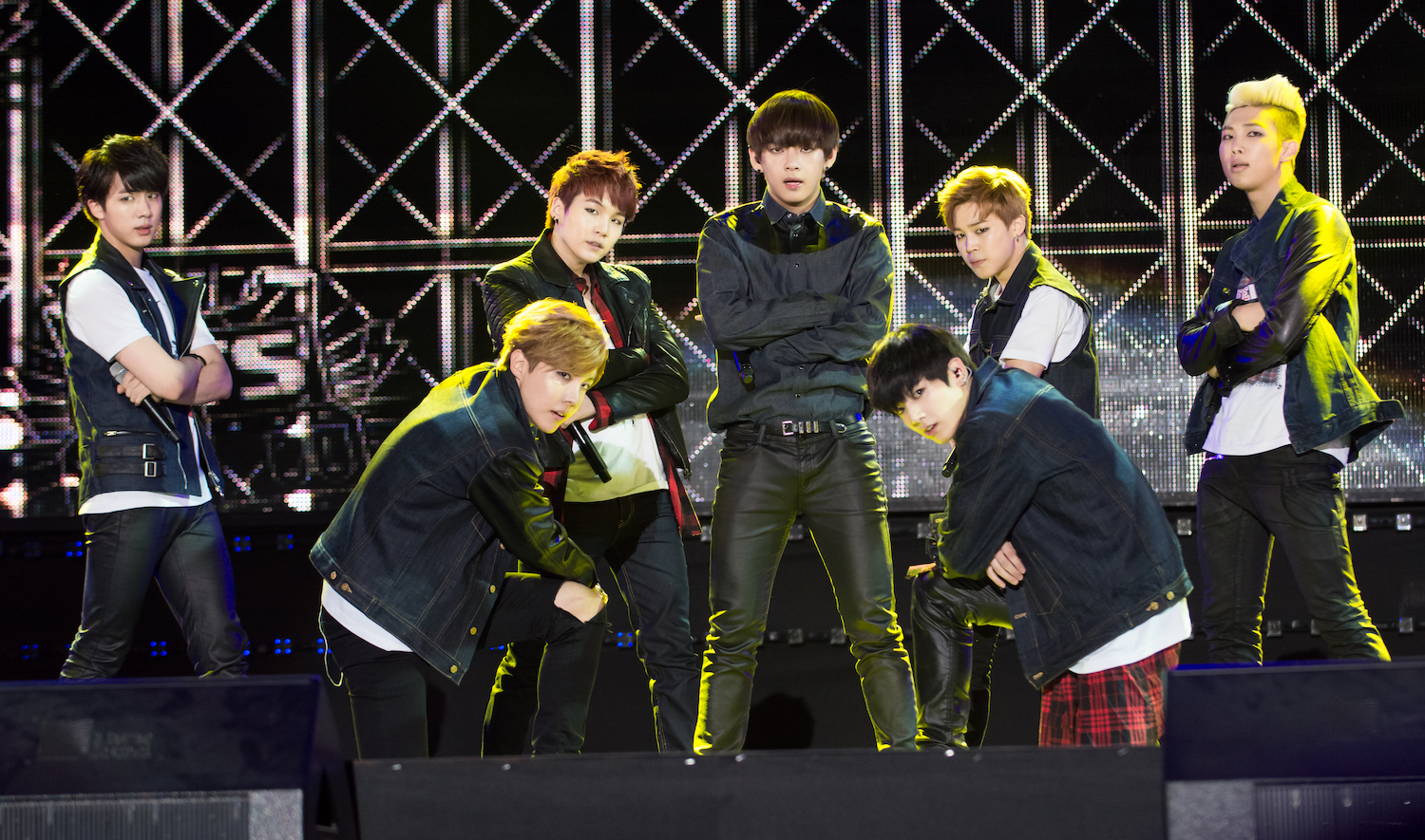 BTS members RM, Suga, J-Hope, Jin, V, Jimin, and Jungkook perform on stage