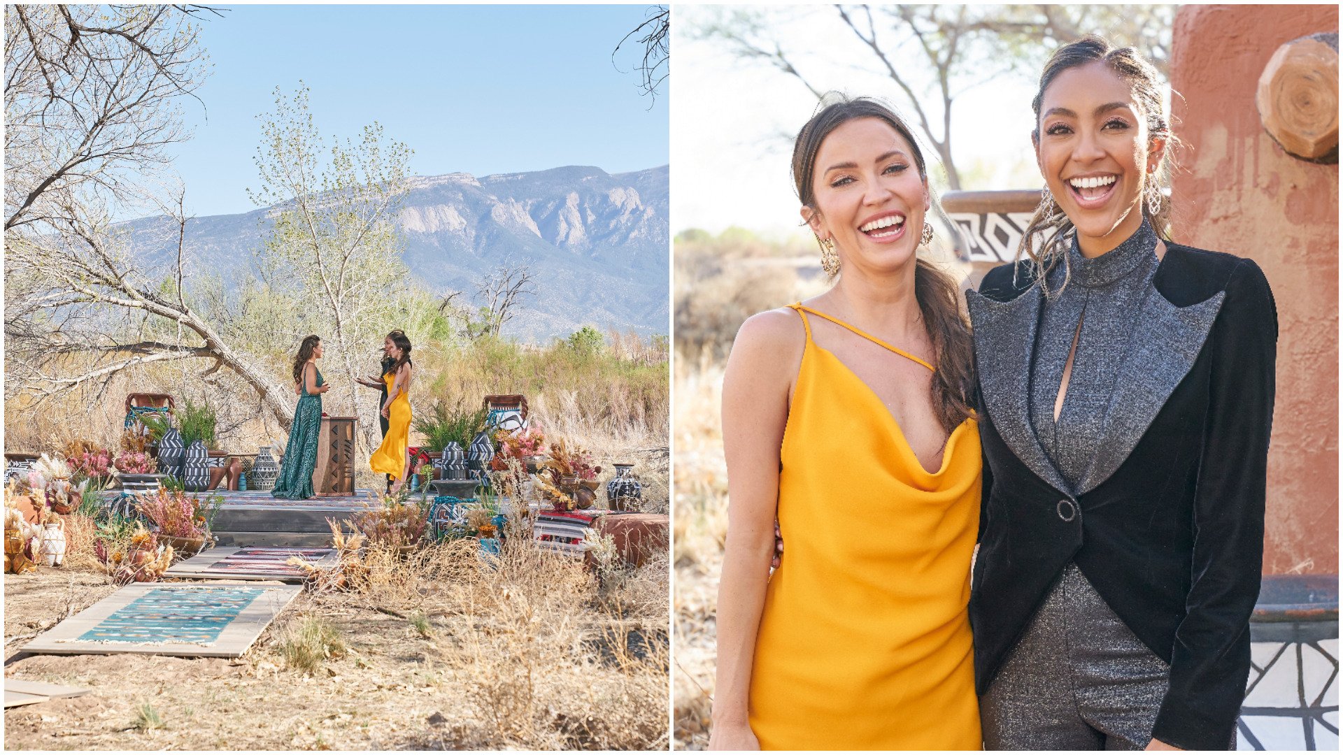 Katie Thurston, Kaitlyn Bristowe, Tayshia Adams speaking at the final rose ceremony in ‘The Bachelorette’ Season 17. Co-hosts Kaitlyn Bristowe and Tayshia Adams pose together.