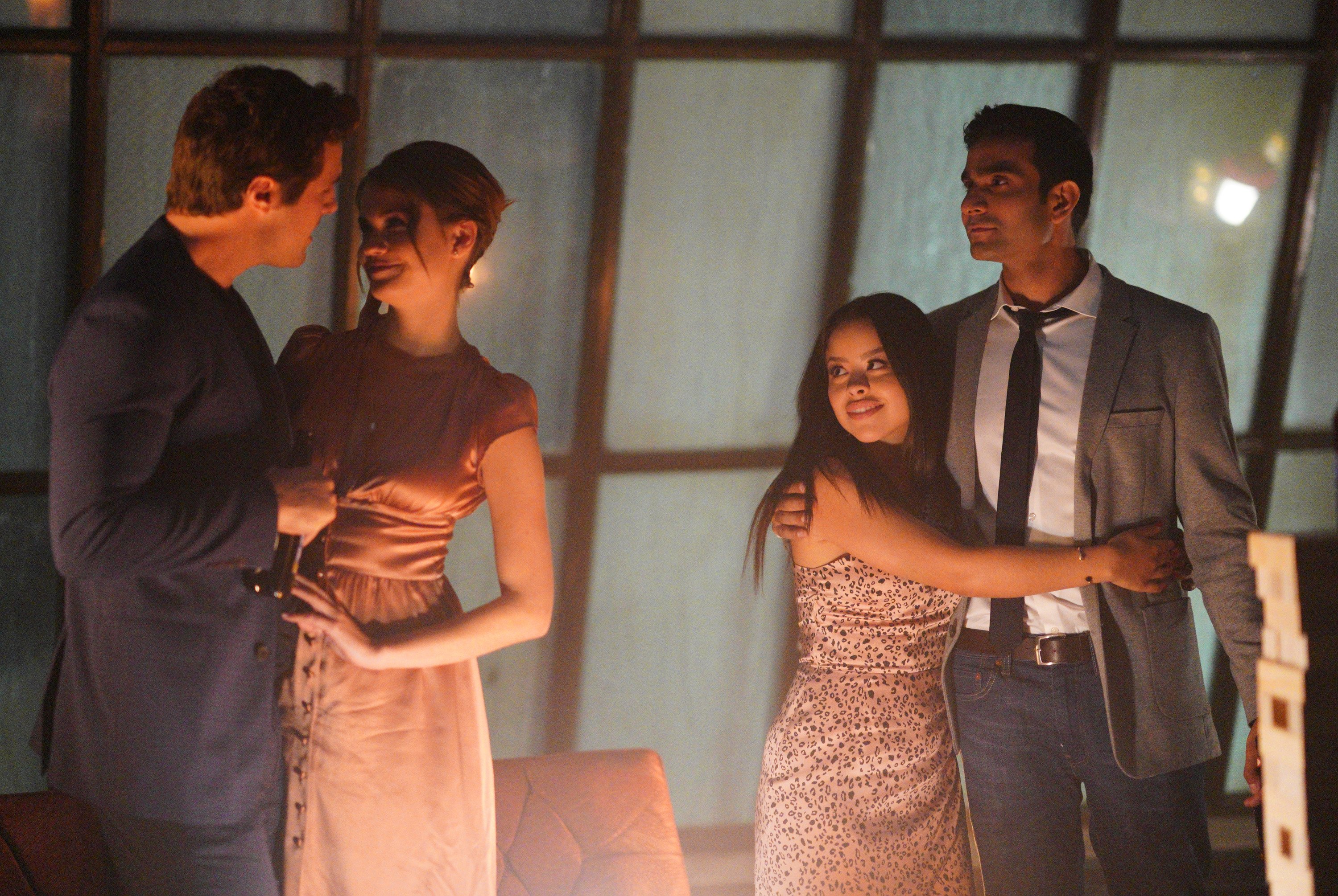 The couples on 'Good Trouble' celebrate on the rooftop while wearing eveningwear.