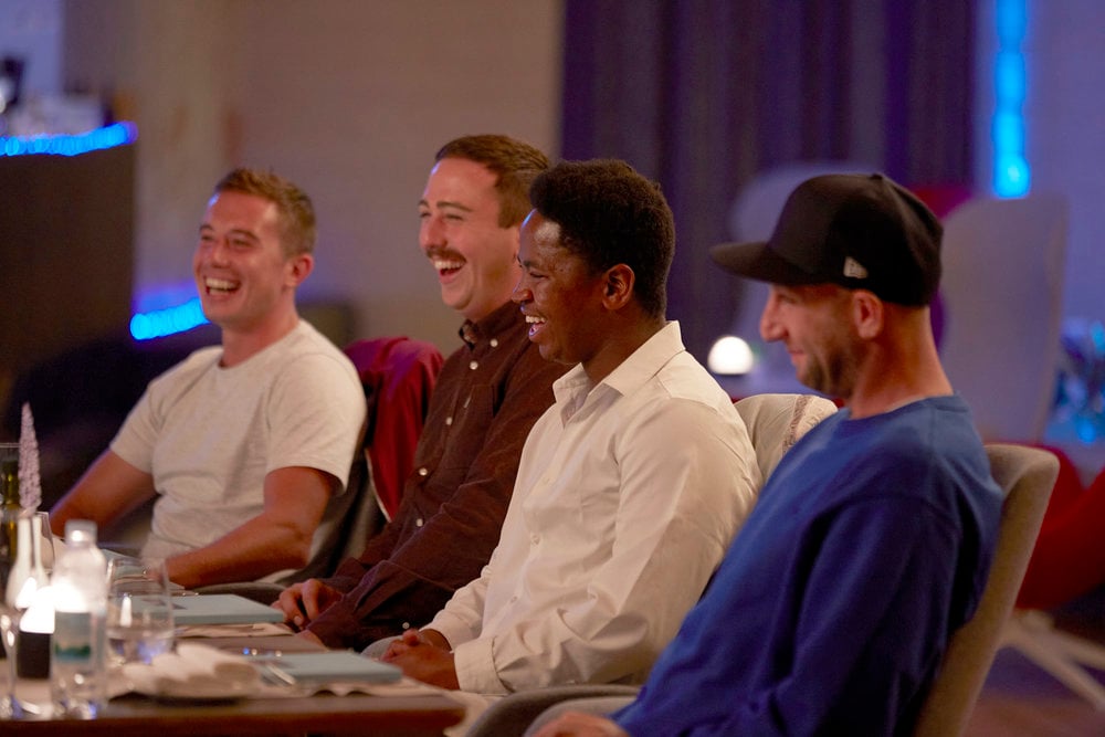 David Pascoe, Lloyd Spencer, Mzi 'Zee' Dempers, and Mathew Shea from Below Deck Mediterranean have a laugh at dinner