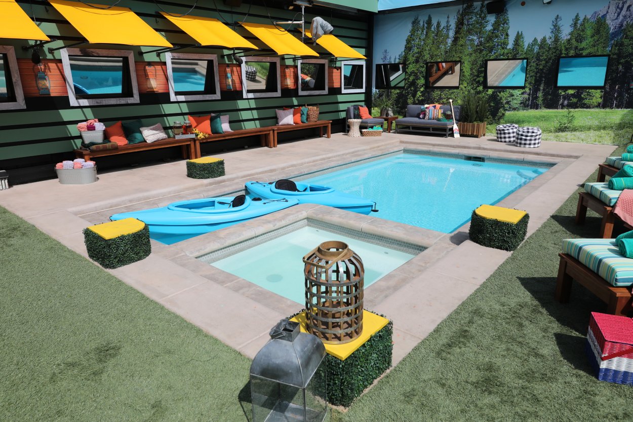 The pool area in the backyard of the Big Brother house