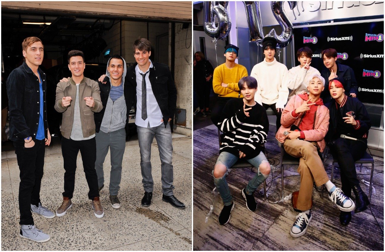 Photo of Big Time Rush next to photo of BTS