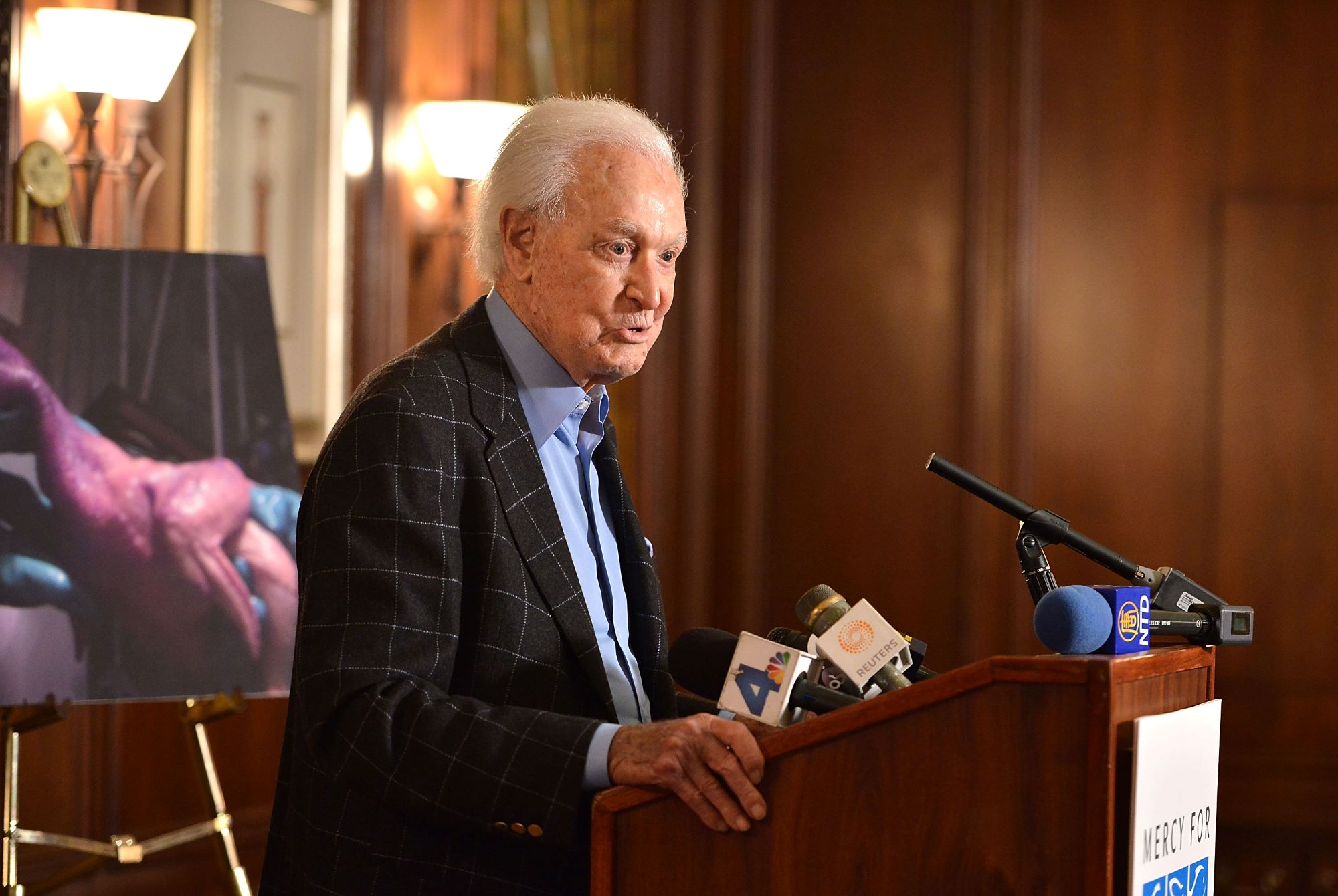 Bob Barker speaking at a Mercy for Animals press conference at the Millennium Biltmore Hotel