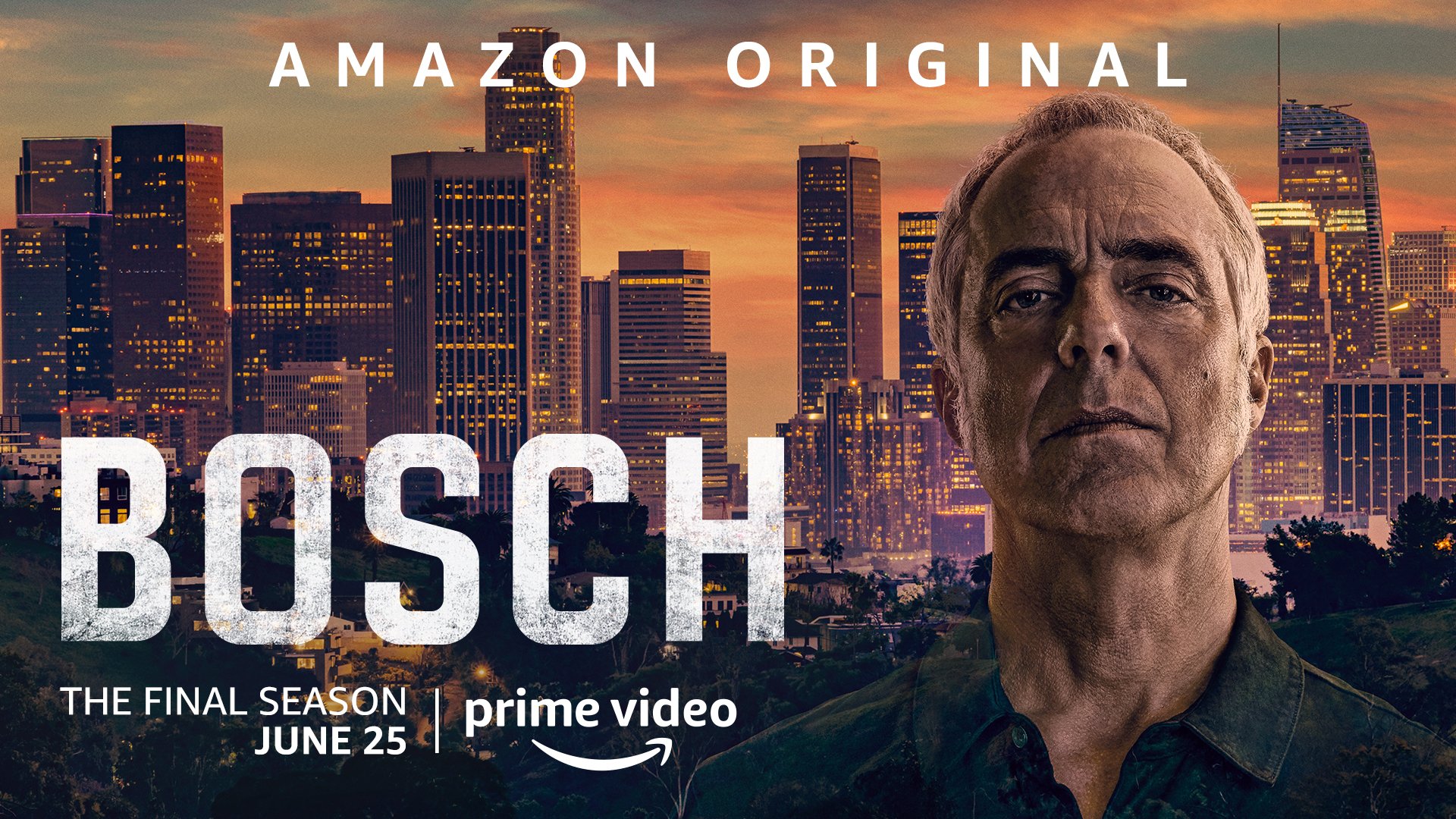 Titus Welliver stars as Harry Bosch in Amazon Prime's 'Bosch' in this original key art for promotion. Harry looks straight into the camera with Hollywood sights behind him.