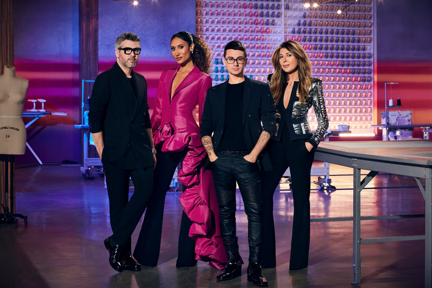 Brandon Maxwell, Elaine Welteroth, Christian Siriano, and Nina Garcia in the 'Project Runway' workroom for Season 19 cast photo