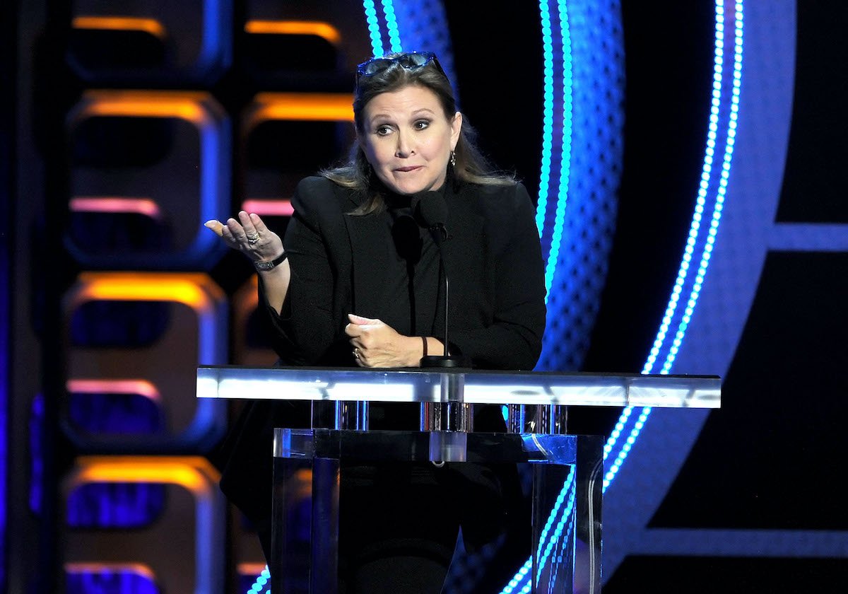 Actress and script doctor Carrie Fisher speaks onstage during the Comedy Central Roast of Roseanne Barr