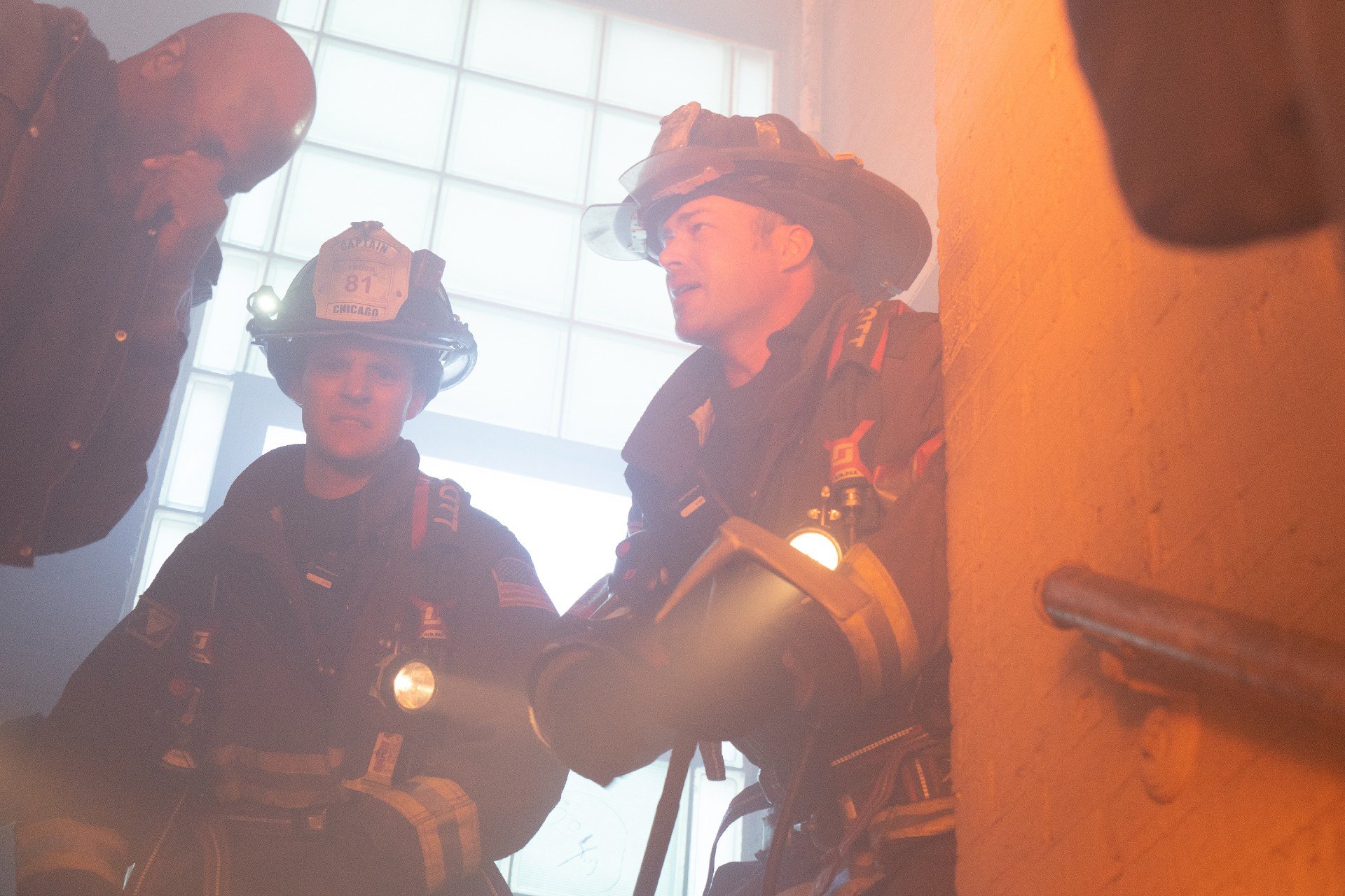 Joe Minoso, Jesse Spencer, and Taylor Kinney during a scene from 'Chicago Fire'