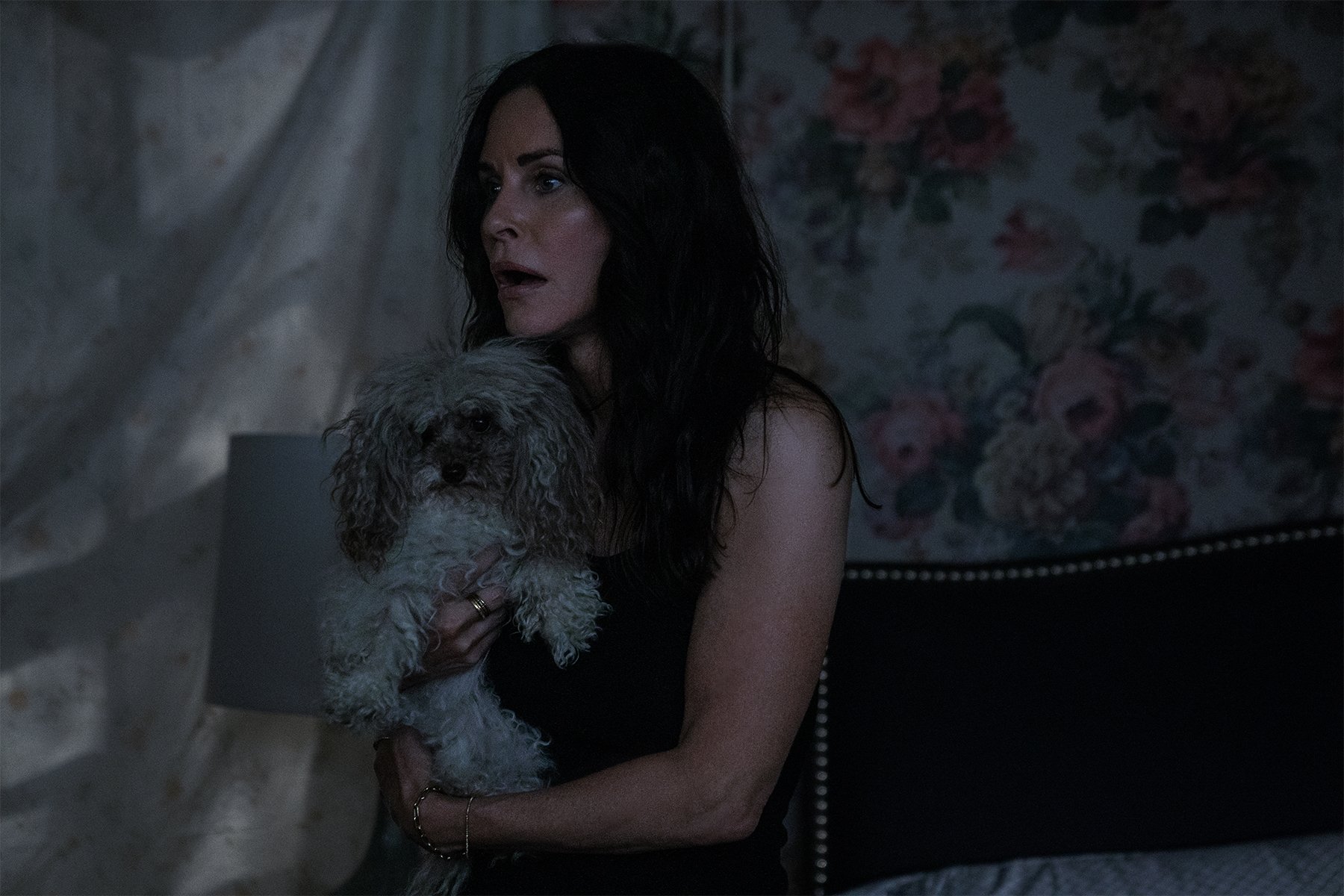 Courteney Cox holds her dog in Shining Vale