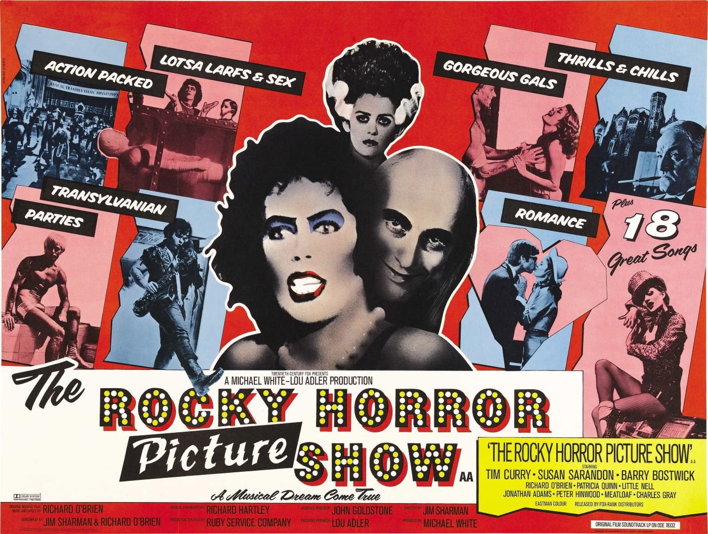 A movie poster of 'Rocky Horror Picture Show' illustrating the characters in a comic book style all throughout the page using vibrant reds, pinks, and soft blues.