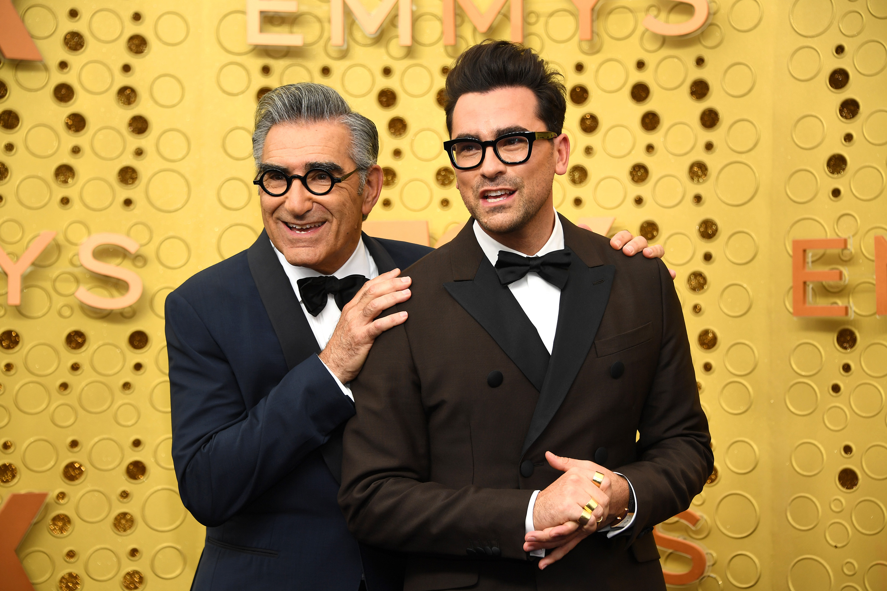 LOS ANGELES, CALIFORNIA - SEPTEMBER 22: Eugene Levy (L) and Dan Levy attend the 71st Emmy Awards at Microsoft Theater on September 22, 2019 in Los Angeles, California.