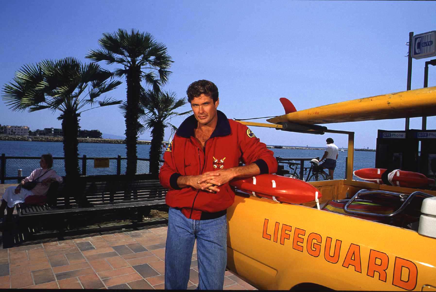 David Hasselhoff leans on the lifeguard truck