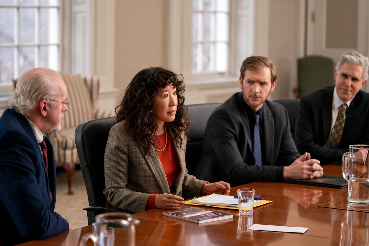 David Morse, Sandra Oh, Cliff Chamberlain, and Ian Lithgow sit at a table in 'The Chair' Season 1 Episode 6
