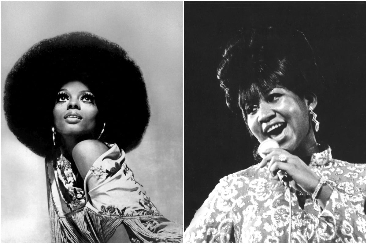 Diana Ross and Aretha Franklin in a side-by-side black-and-white photo.