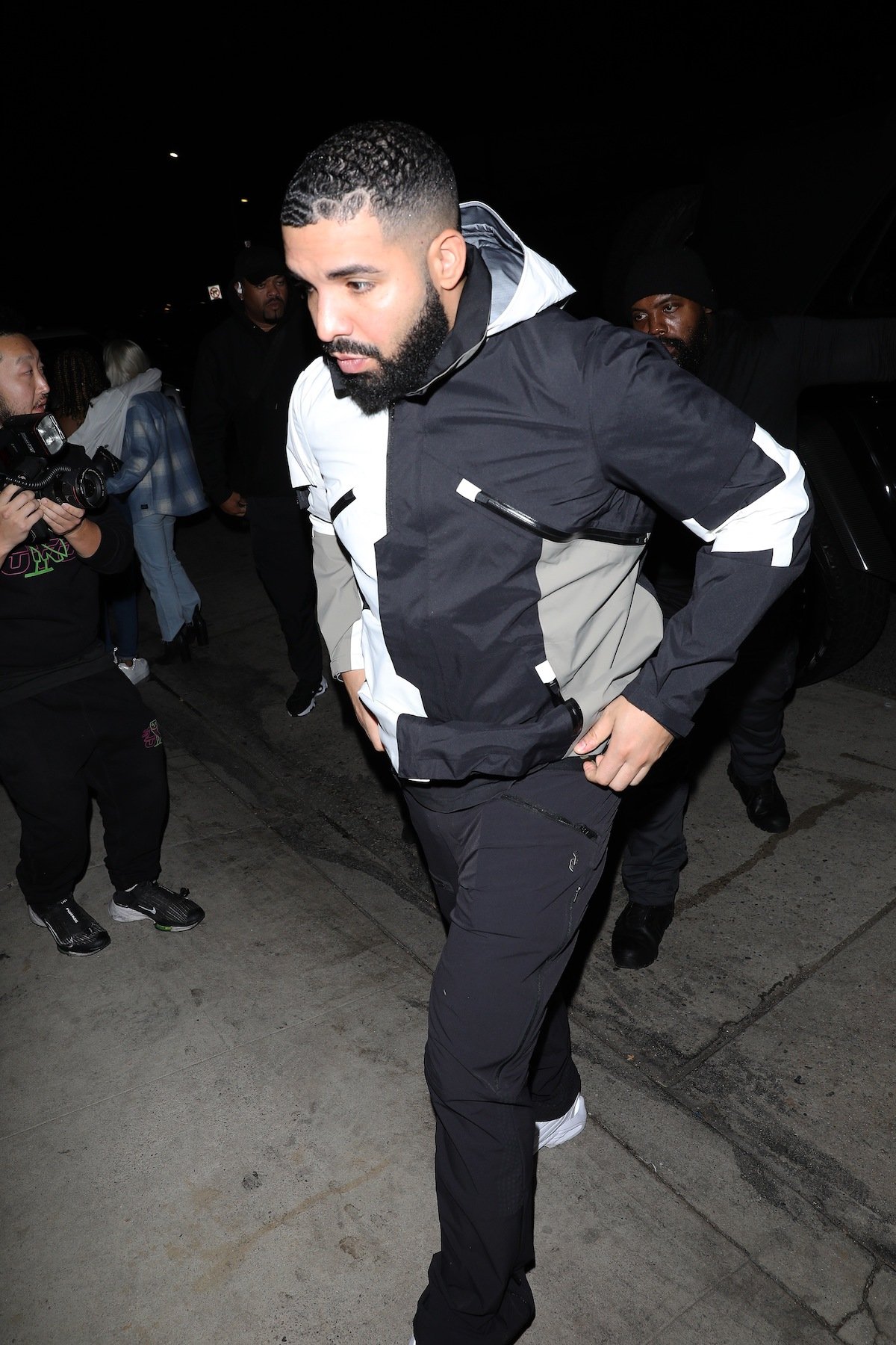 Drake seen in a white, grey, and black hoodie with black sweat pants on May 31, 2021 in Los Angeles, California.