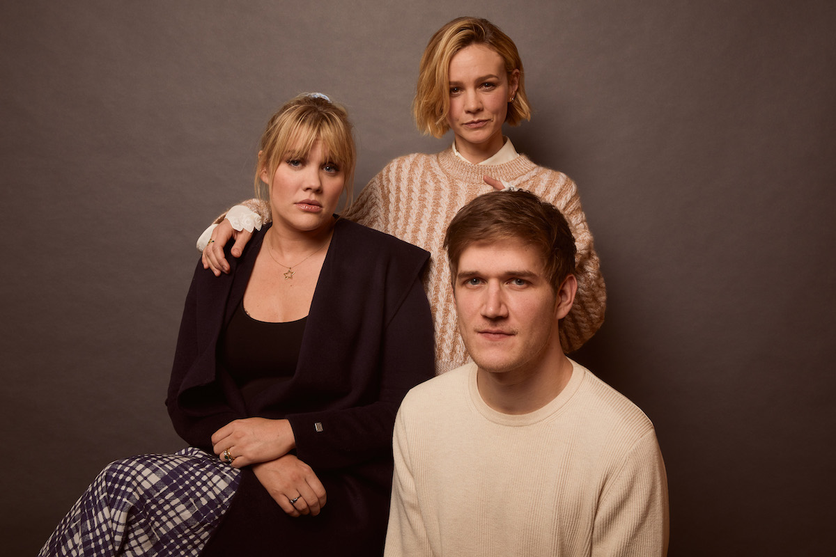 Emerald Fennell, Carey Mulligan, and Bo Burnham pose seriously together.