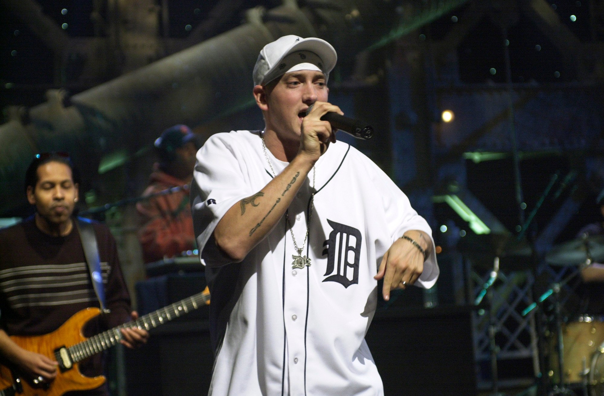 Eminem performing onstage during an episode of 'Saturday Night Live' in 2000 