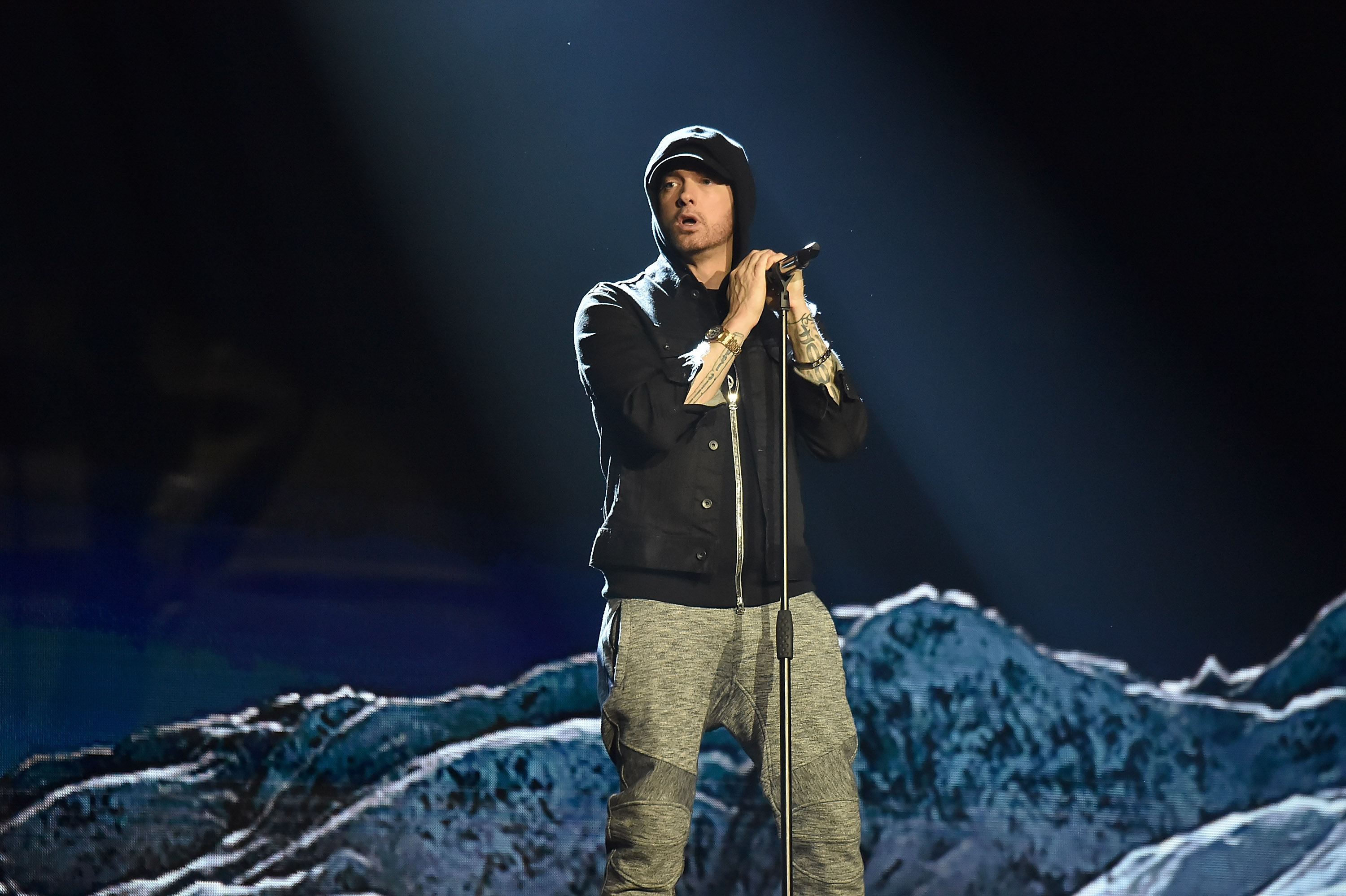 Eminem performs on stage during the MTV EMAs