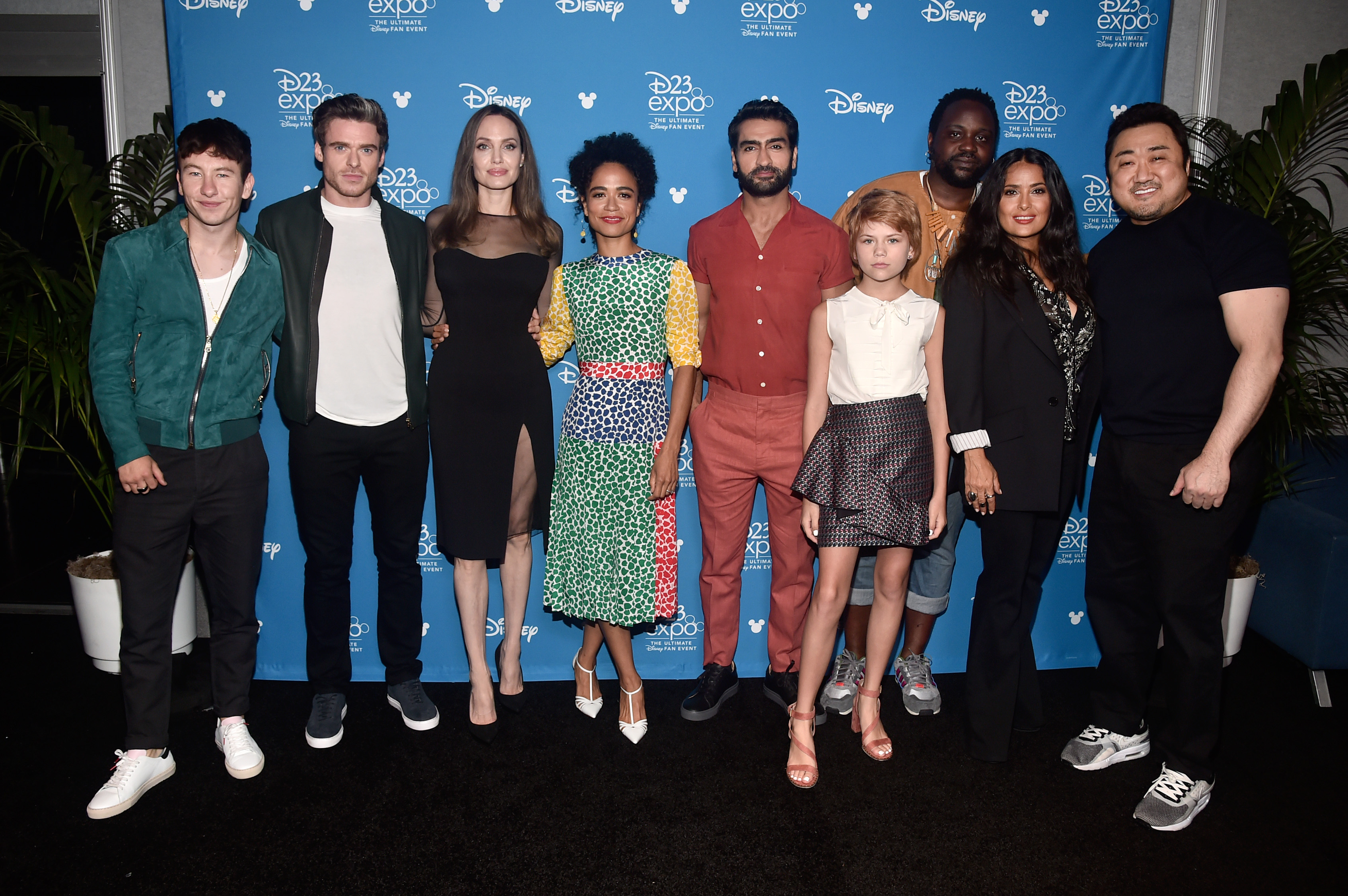 ANAHEIM, CALIFORNIA - AUGUST 24: (L-R) Barry Keoghan, Richard Madden, Angelina Jolie, Lauren Ridloff, Kumail Nanjiani, Lia McHugh, Brian Tyree Henry, Salma Hayek, and Don Lee of 'The Eternals' took part today in the Walt Disney Studios presentation at Disney’s D23 EXPO 2019 in Anaheim, Calif. 'The Eternals' will be released in U.S. theaters on November 6, 2020.