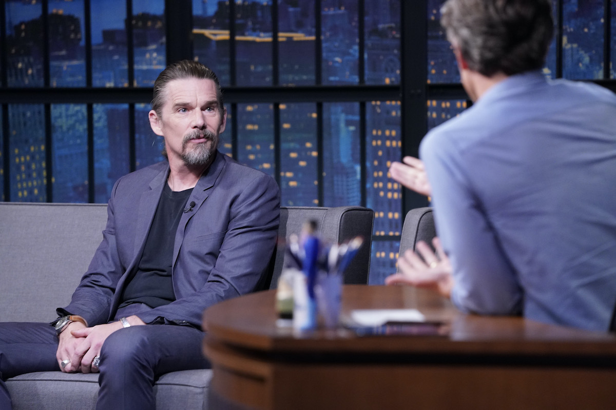 LATE NIGHT WITH SETH MEYERS -- Episode 1065A -- Pictured: (l-r) Actor Ethan Hawke during an interview with host Seth Meyers on November 11, 2020