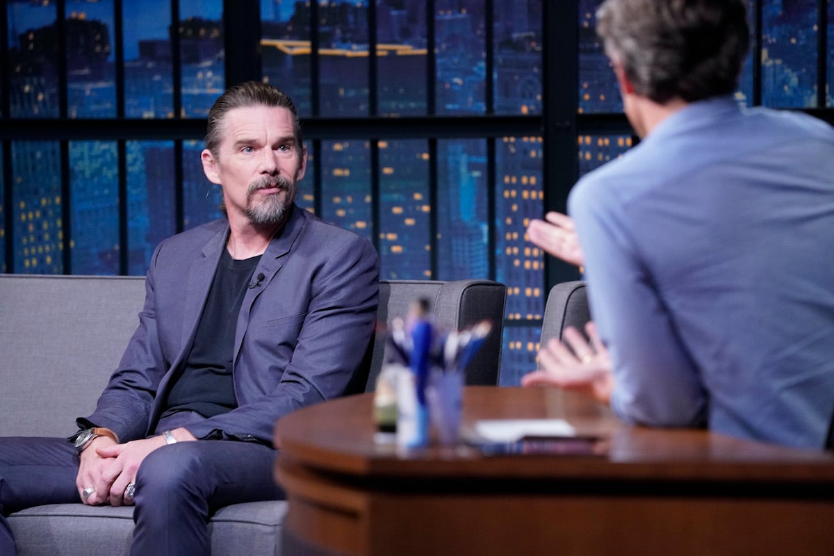 LATE NIGHT WITH SETH MEYERS -- Episode 1065A -- Pictured: (l-r) Actor Ethan Hawke during an interview with host Seth Meyers on November 11, 2020