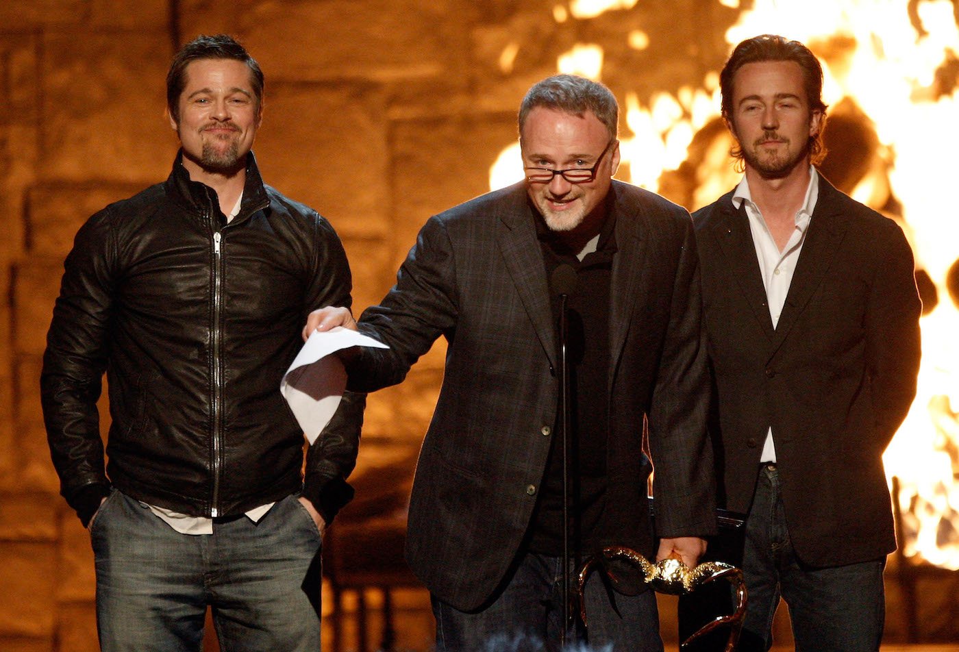 'Fight Club' actor Brad Pitt, director David Fincher, and actor Edward Norton accept the Discretionary Guy Movie Hall of Fame award in 2009 in Los Angeles