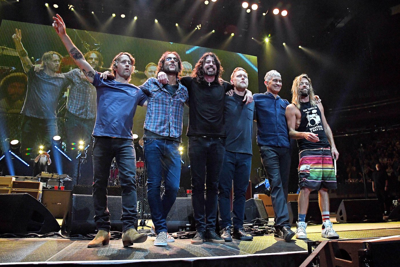 Foo Fighters: (L-R) Chris Shiflett, Rami Jaffee, Dave Grohl, Nate Mendel, Pat Smear, and Taylor Hawkins onstage at Madison Square Garden in June 2021