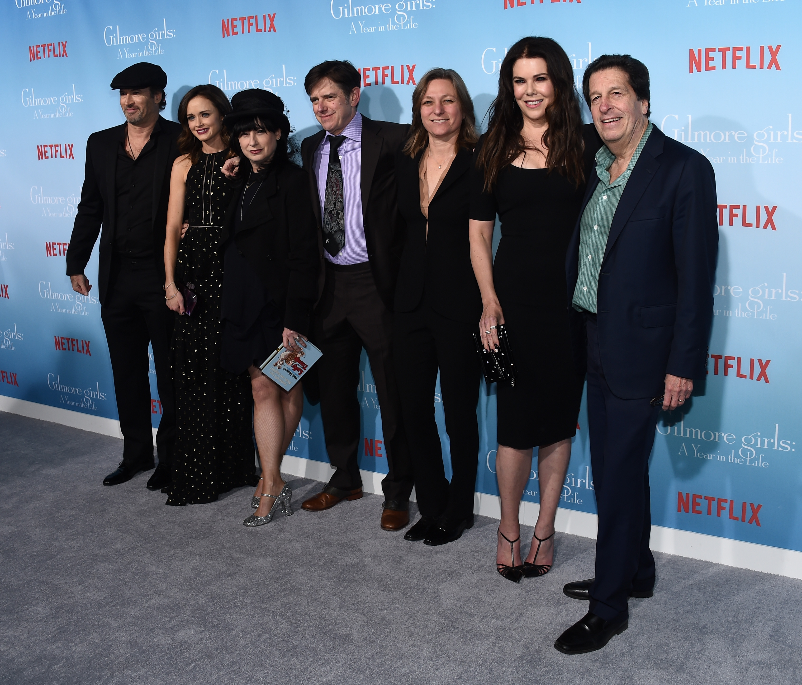 Amy Sherman-Palladino and Dan Palladino are flanked by 'Gilmore Girls: A Year in the Life' cast members, Scott Patterson, Alexis Bledel, and Lauren Graham. Also in the picture are Cindy Holland, VP for original Content at Netflix, and President and Chief Content Officer for Warner Bros. Televsion Group, Peter Roth. The group was together for the premiere of 'Gilmore Girls: A Year in the Life' in 2016