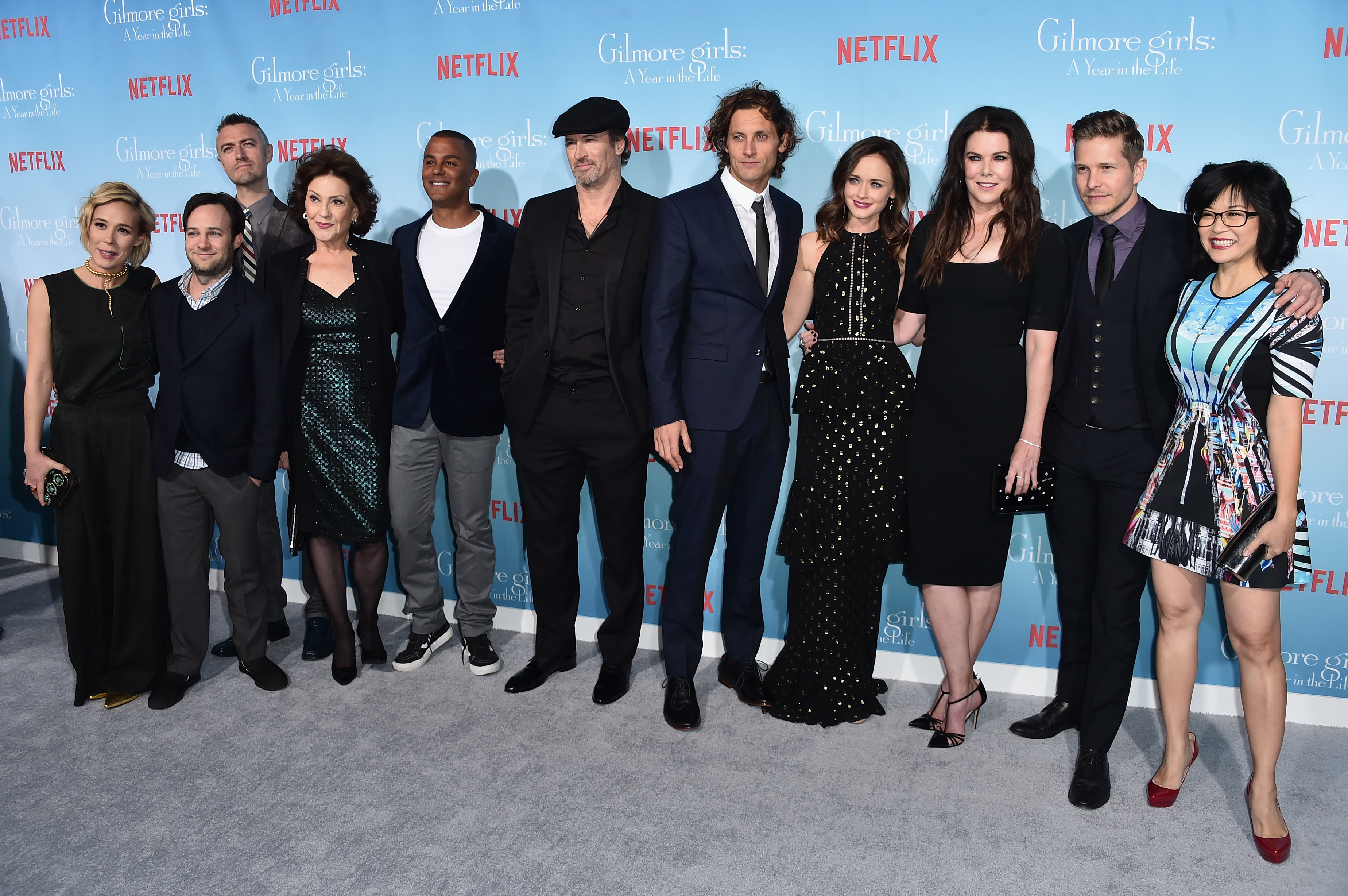 LOS ANGELES, CA - NOVEMBER 18: (L-R) "Gilmore Girls: A Year In The Life" Cast - Liza Well, Danny Strong, Sean Gunn, Kelly Bishop, Yanic Truesdale, Scott Patterson, Tanc Sade, Alexis Bledel, Lauren Graham, Matt Czuchry and Keiko Agena attend the premiere of Netflix's "Gilmore Girls: A Year In The Life" at the Regency Bruin Theatre on November 18, 2016 in Los Angeles, California.