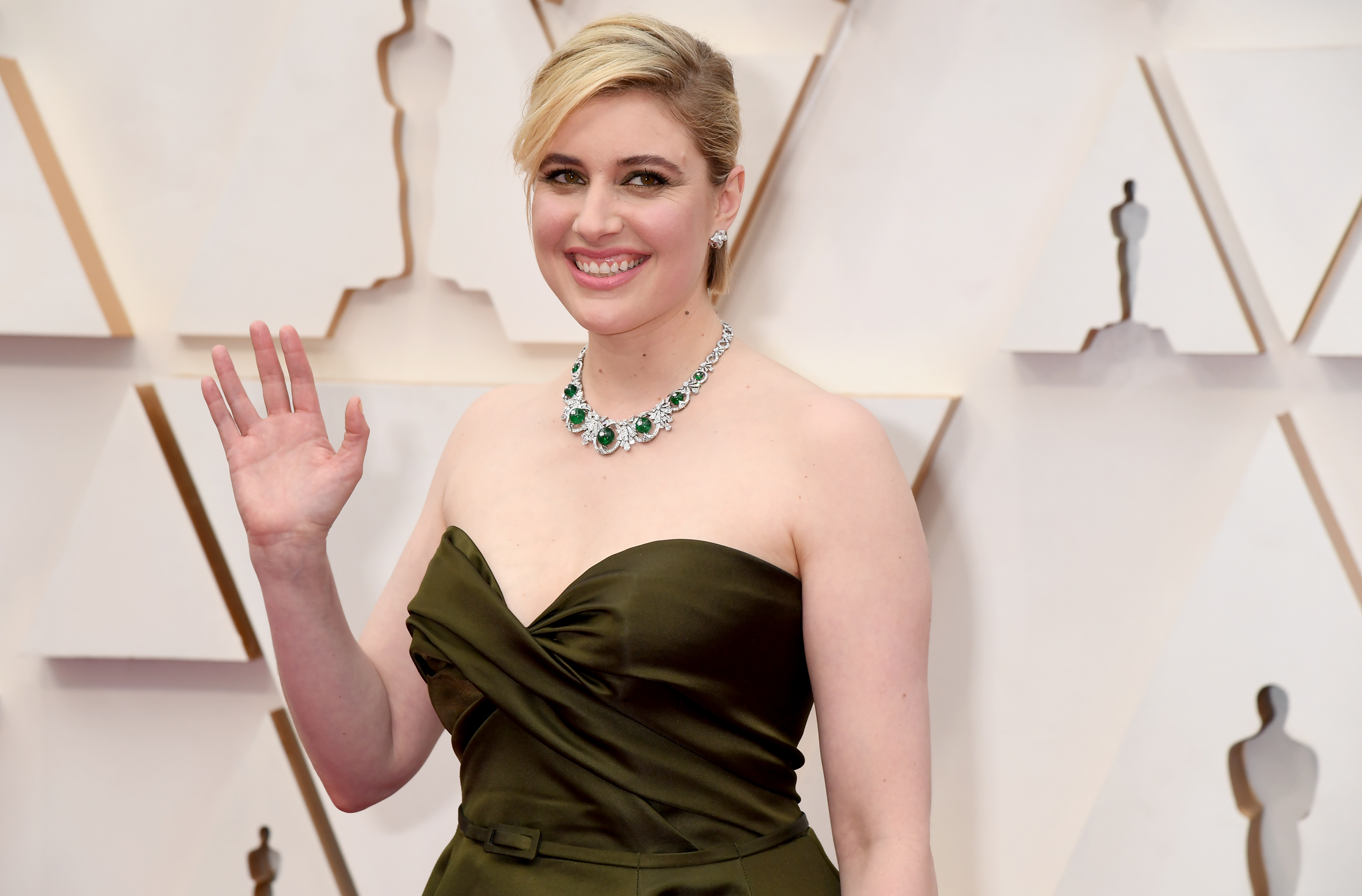 Greta Gerwig in a green dress at the 92nd Annual Academy Awards