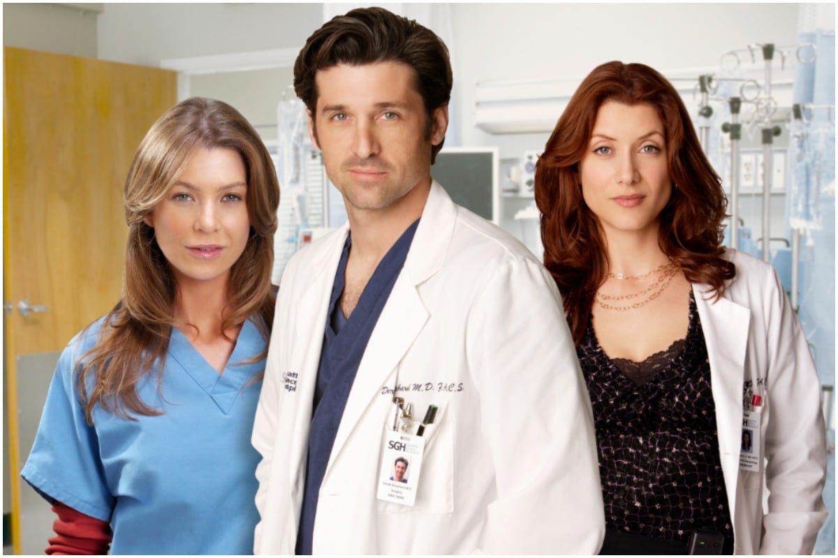 'Grey's Anatomy': Kate Walsh as Addison Montgomery, Patrick Dempsey as Derek Shepherd, and Ellen Pompeo as Meredith Grey wearing medical scrubs.