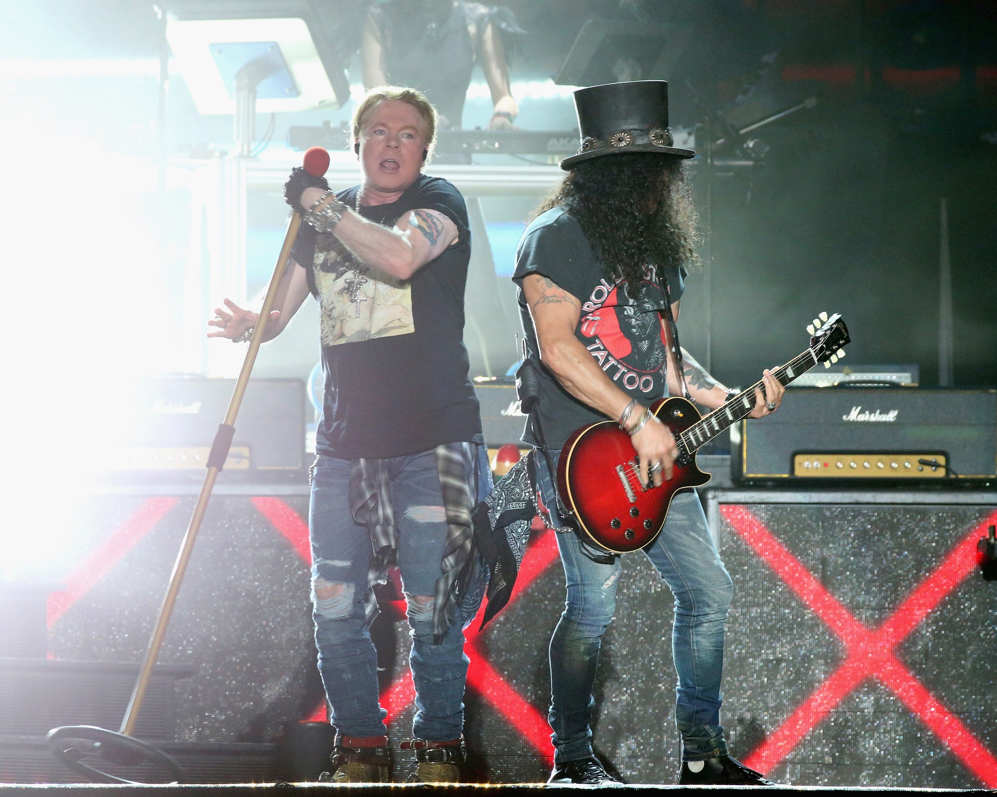 Axl and Slash of Guns N'Roses G N'R fame, onstage performing - the band just dropped a new song
