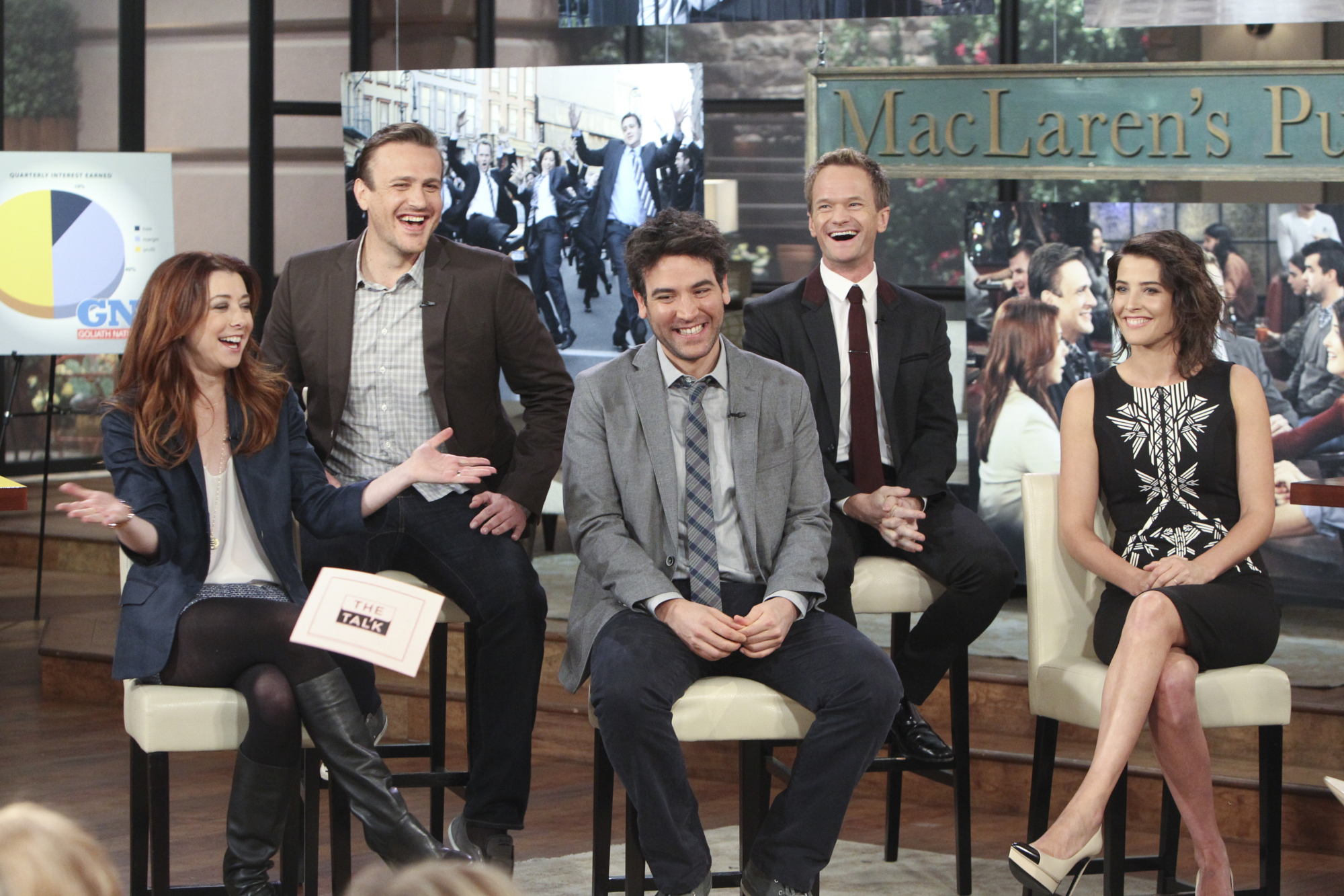 LOS ANGELES - JANUARY 27: The cast of "How I Met Your Mother" gathers to discuss the show'­s 200th episode and final season on THE TALK, Monday, January 27, 2014 on the CBS Television Network. Alyson Hannigan, from left, Jason Segel, Josh Radnor, Neil Patrick Harris and Cobie Smulders, shown.