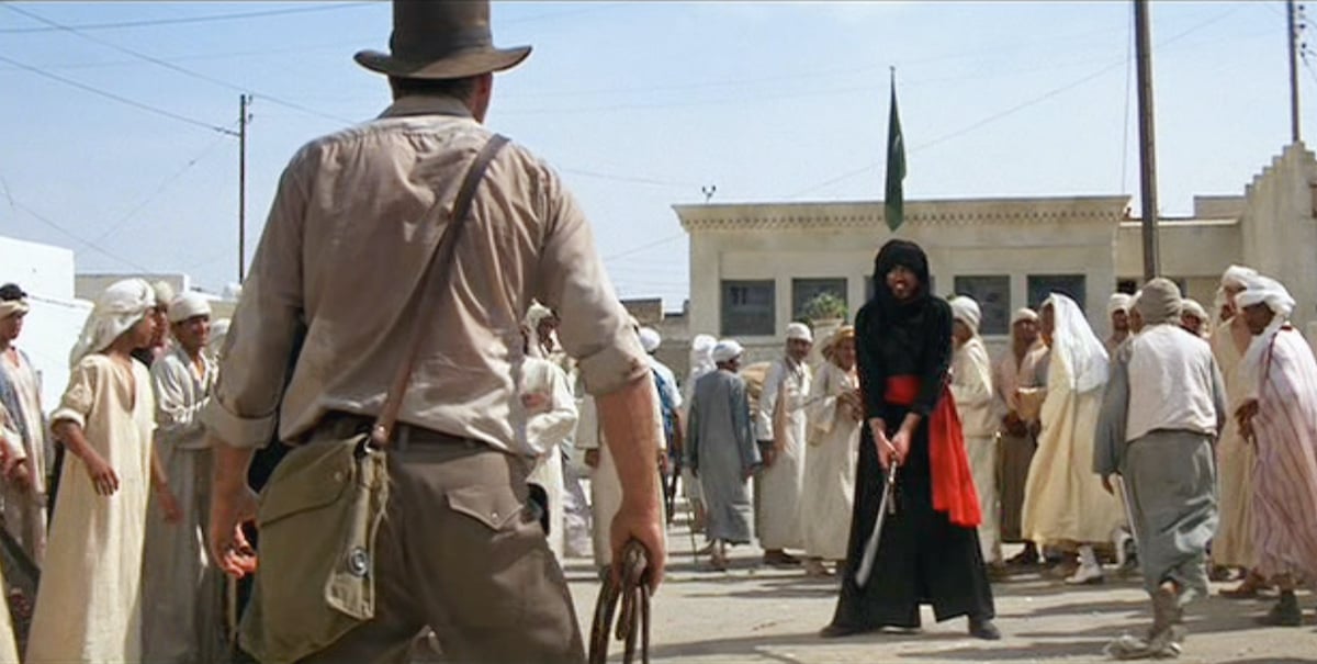 Harrison Ford faces an enemy swordsman (Terry Richards) in ‘Raiders of the Lost Ark’