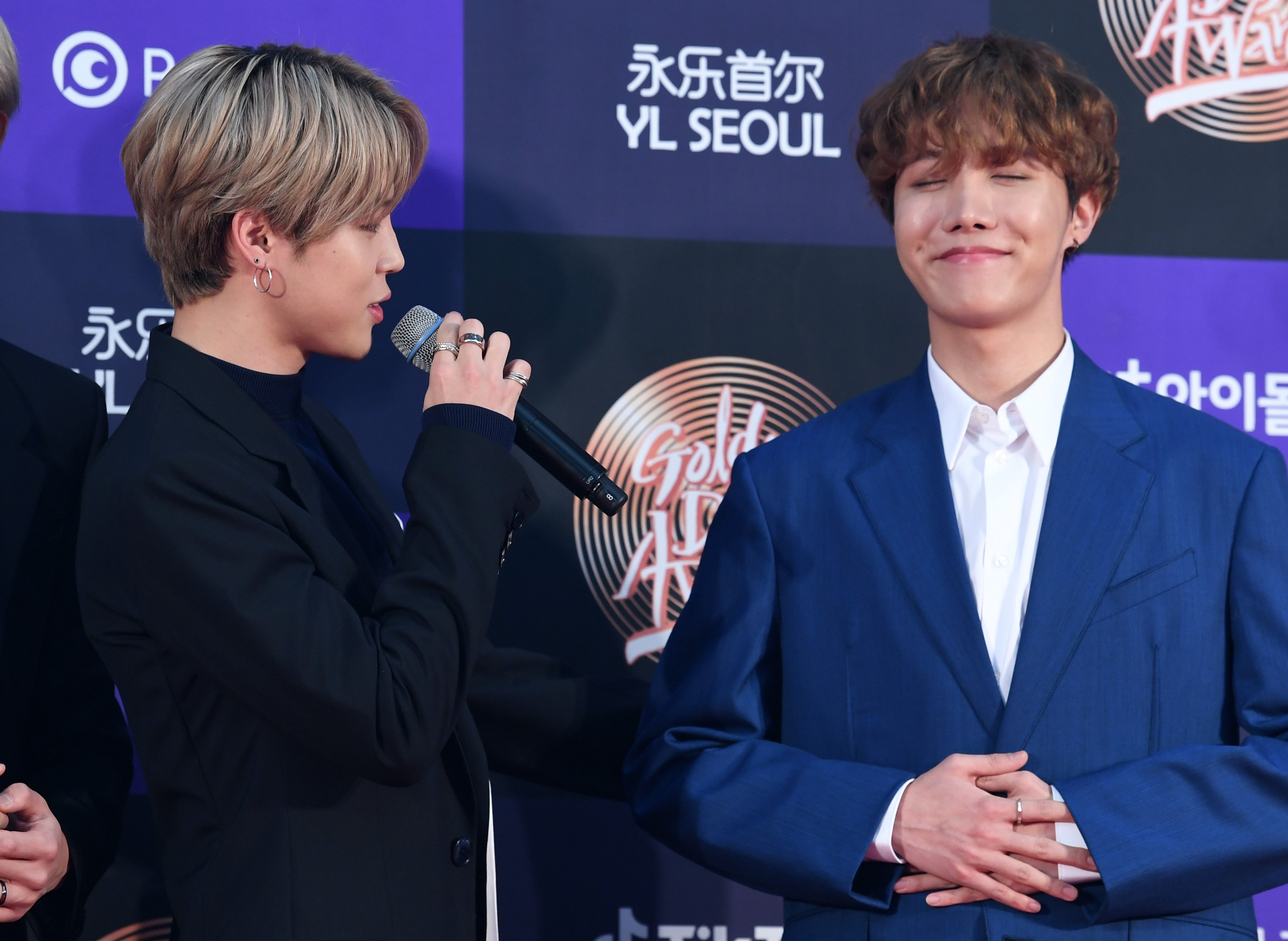 Jimin and J-Hope of BTS arrive at the photo call for the 34th Golden Disc Awards