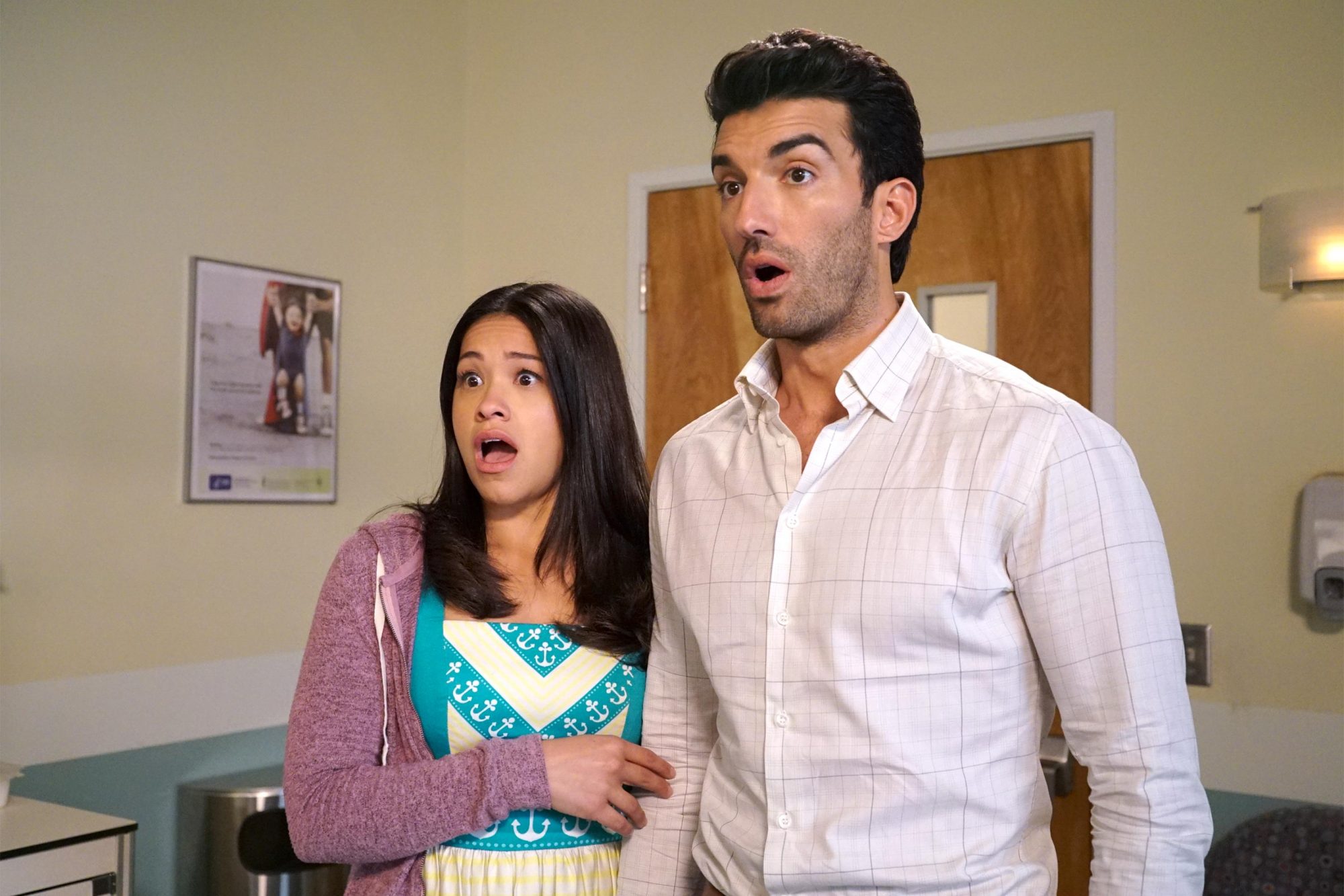 Jane Villanueva and Rafael Solano 'Jane the Virgin' wearing pink cardigan and white dress shirt