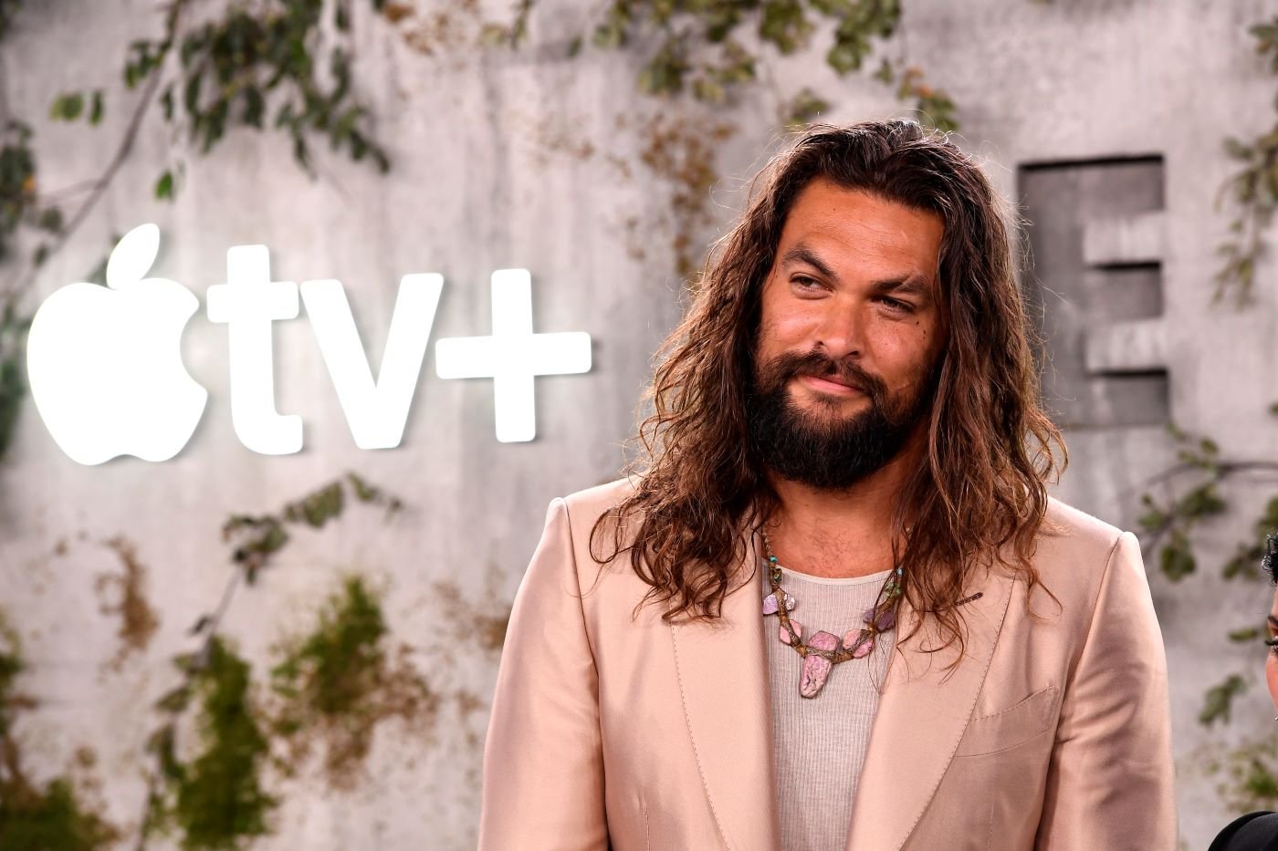Jason Momoa in front of a stone background with ivy on it and white text wearing a pink jacket and white undershirt.