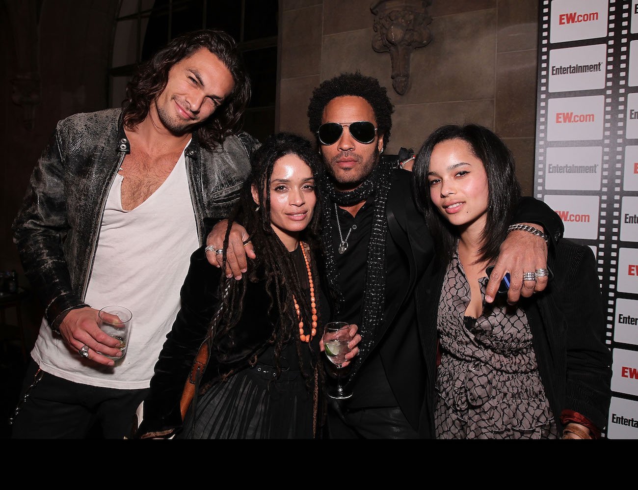 Jason Momoa, Lisa Bonet, Lenny Kravitz, and Zoe Kravtiz at an Entertainment Weekly party.